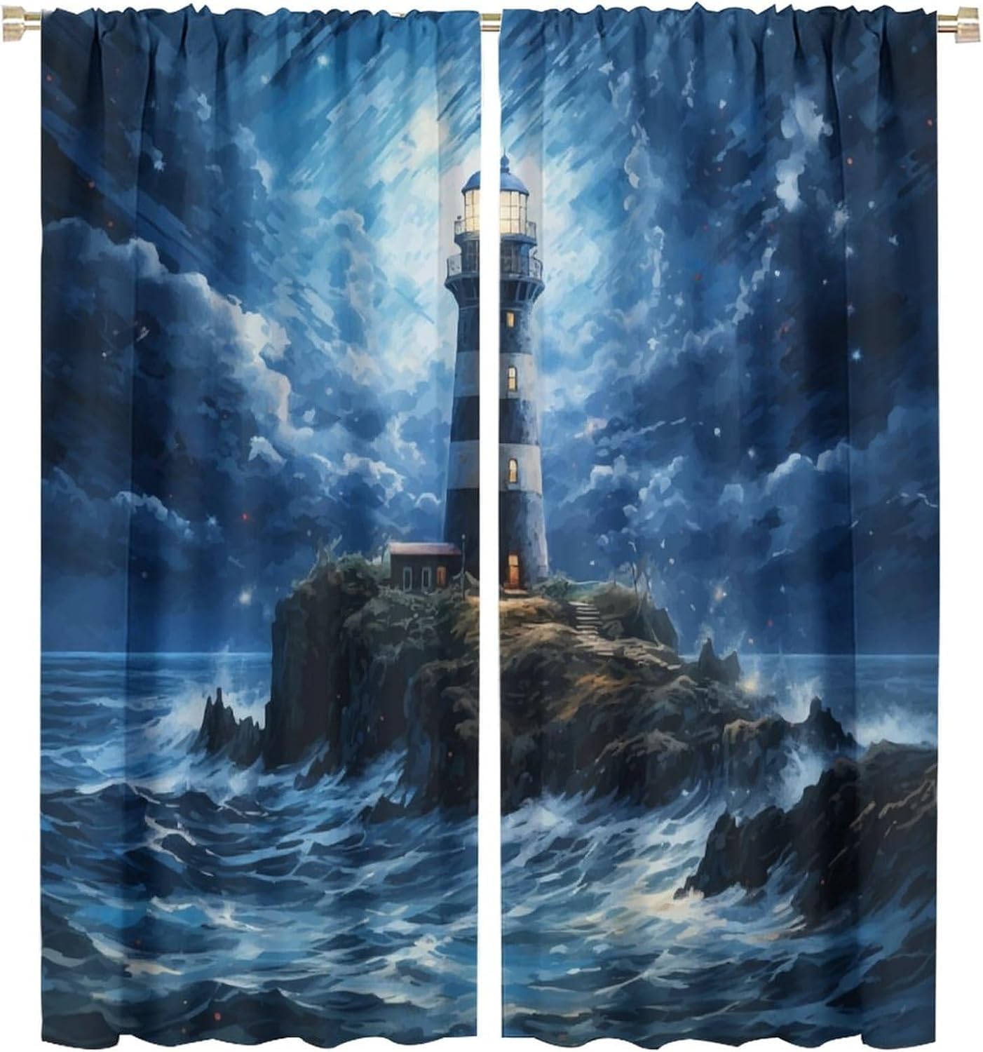 Lighthouse Curtain Beautiful Blue Starry Sky Sea Wave Lighthouse Blackout Print Rod Pocket Window Drapes for Bedroom Living Room 42x45in