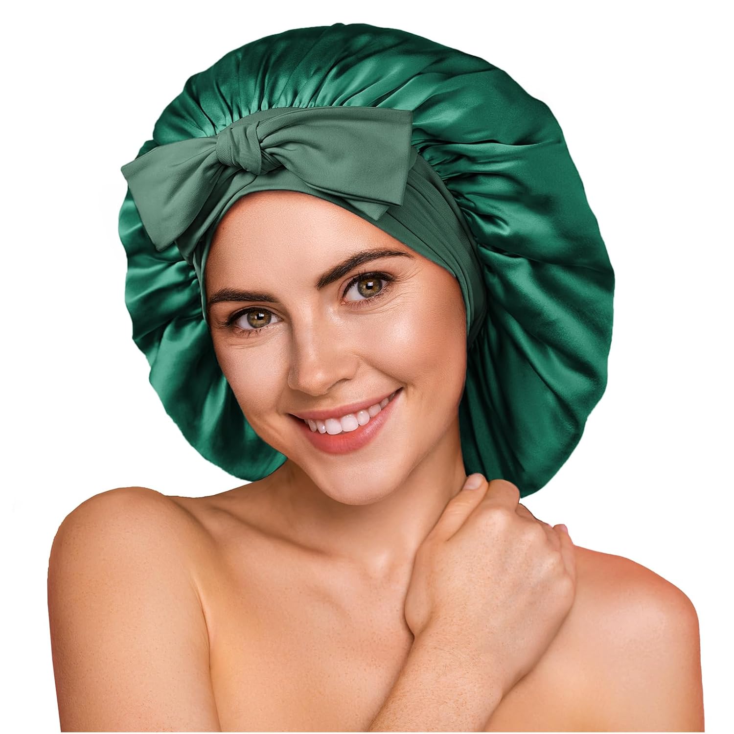 YFONG 100% 22 Momme Mulberry Silk Bonnet for Sleeping Women, Larger Double Layer Silk Hair Wrap for Curly Short Long Hair, Non-Slip Sleep Shower Cap Turban with Elastic Tie Band, Deep Green