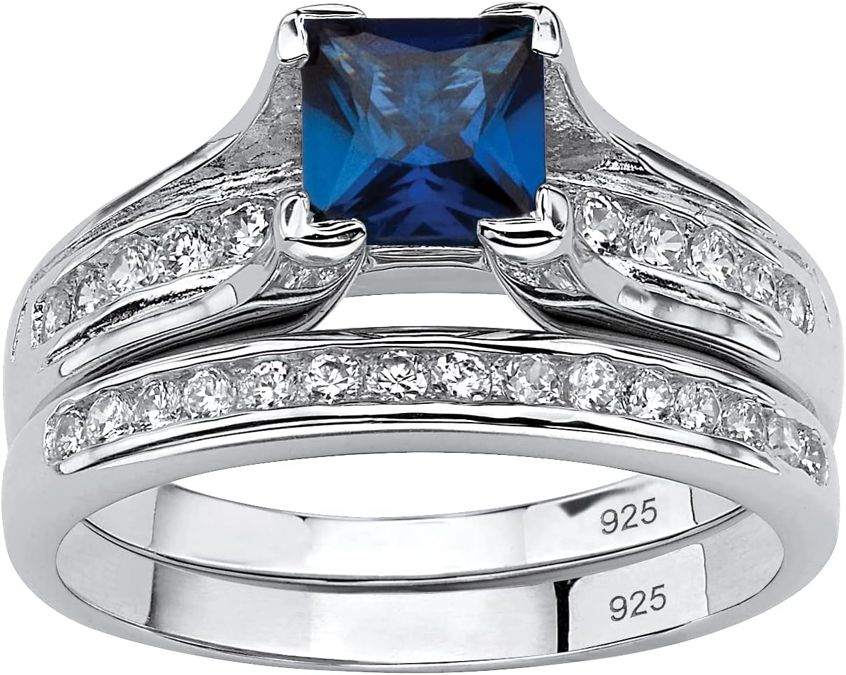 Palm Beach Jewelry Platinum over Sterling Silver Princess Cut Created Blue Sapphire and Round Cubic Zirconia Bridal Ring Set
