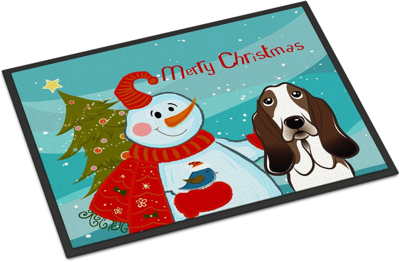 Caroline's Treasures BB1863MAT Snowman with Basset Hound Doormat 18x27 Front Door Mat Indoor Outdoor Rugs for Entryway, Non Slip Washable Low Pile, 18H X 27W