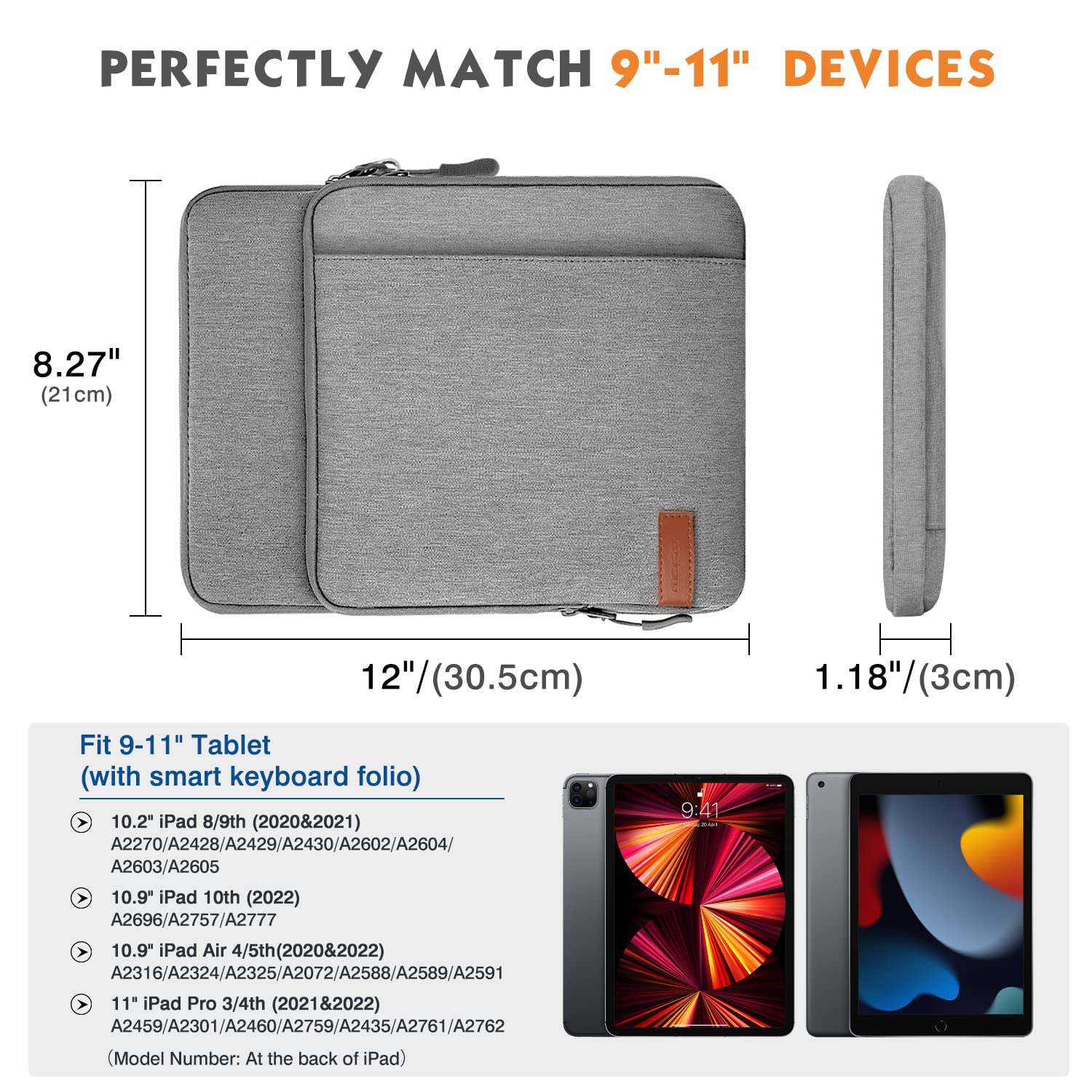 MoKo 9-11 Inch Tablet Sleeve Bag Carrying Case with Storage Pockets Fits New 11-inch iPad Pro M4/iPad Air M2 2024, iPad Air 5/4 10.9, iPad Pro 11, iPad 10/9/8th 10.9/10.2, Tab S8/S9 11, Light Gray