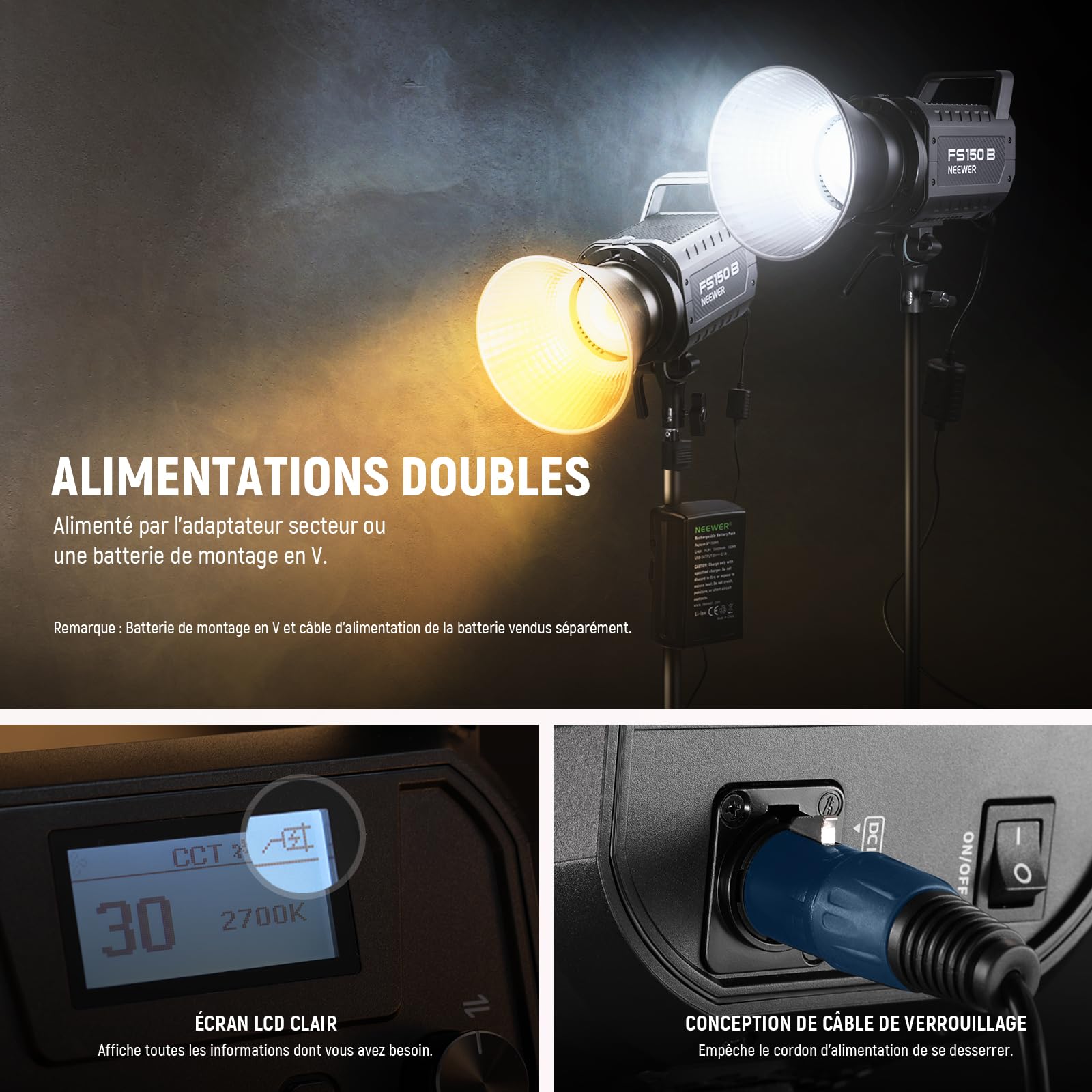 NEEWER FS150B Lampe vidéo LED bicolore 130 W, éclairage continu COB portable avec contrôle 2,4 GHz/APP/prise de vue silencieuse, 4 modes de gradation précis, 2700 K-6500 K, 12 effets, monture Bowens