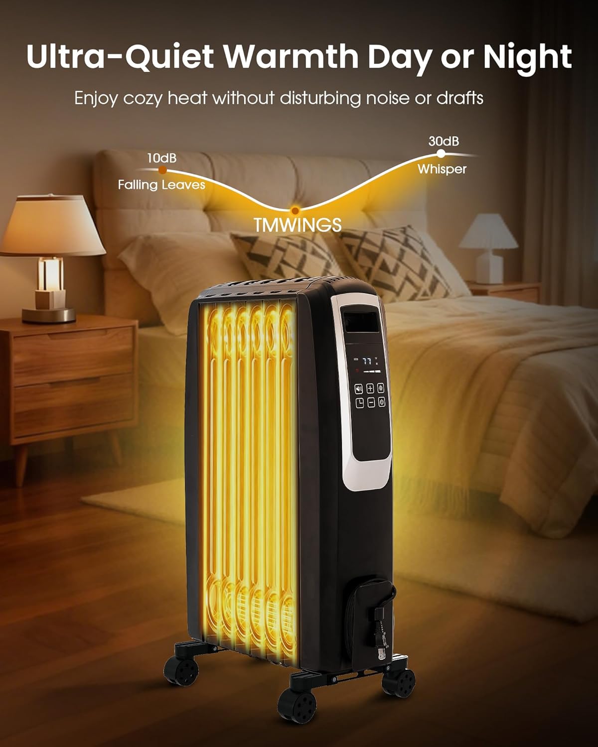 TMWINGS Oil Filled Radiator Heater in a bedroom, highlighting quiet operation