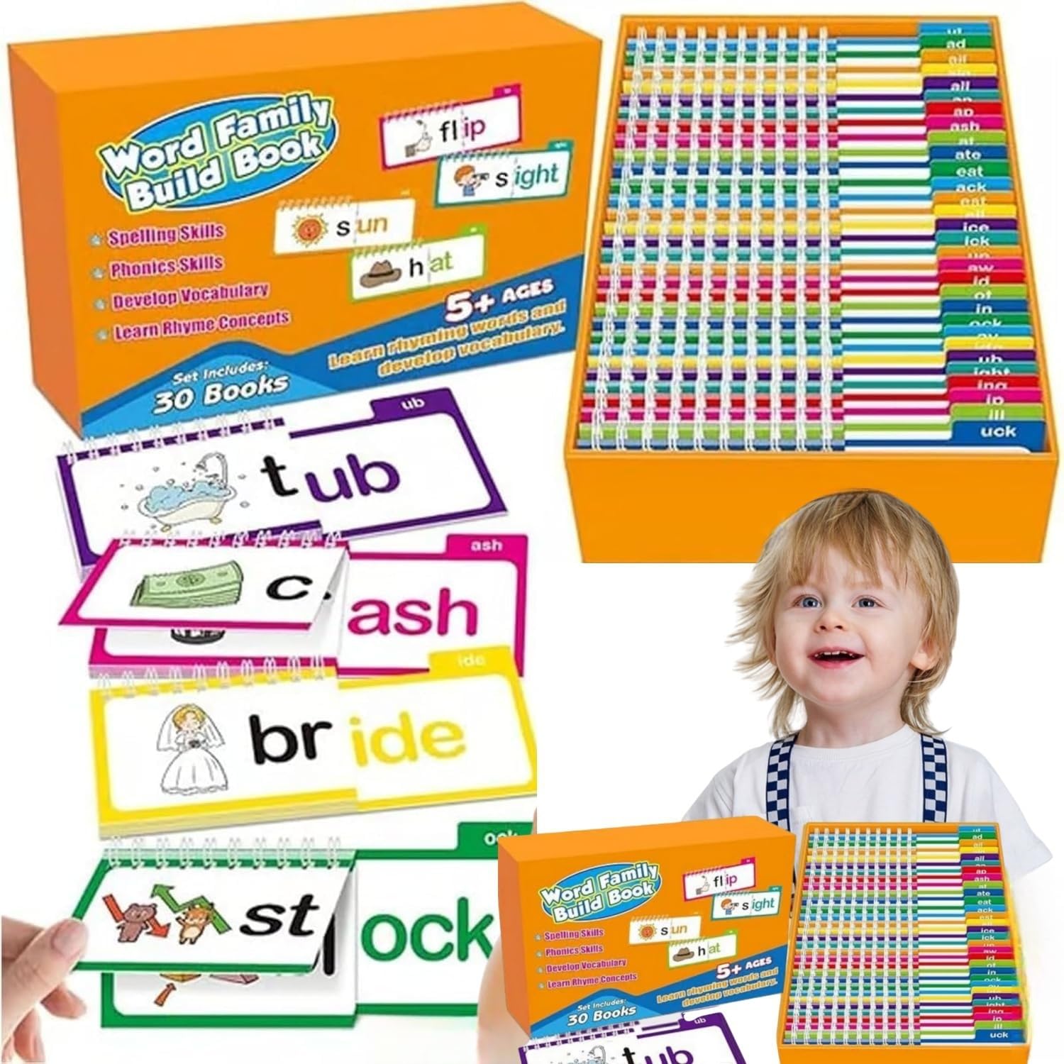 30 Read and Rhyme Flip Books, Educational Reading Games Word Family Build Book Word Family Flash Cards ABC Vocabulary Flash Cards for Kids Face (E)