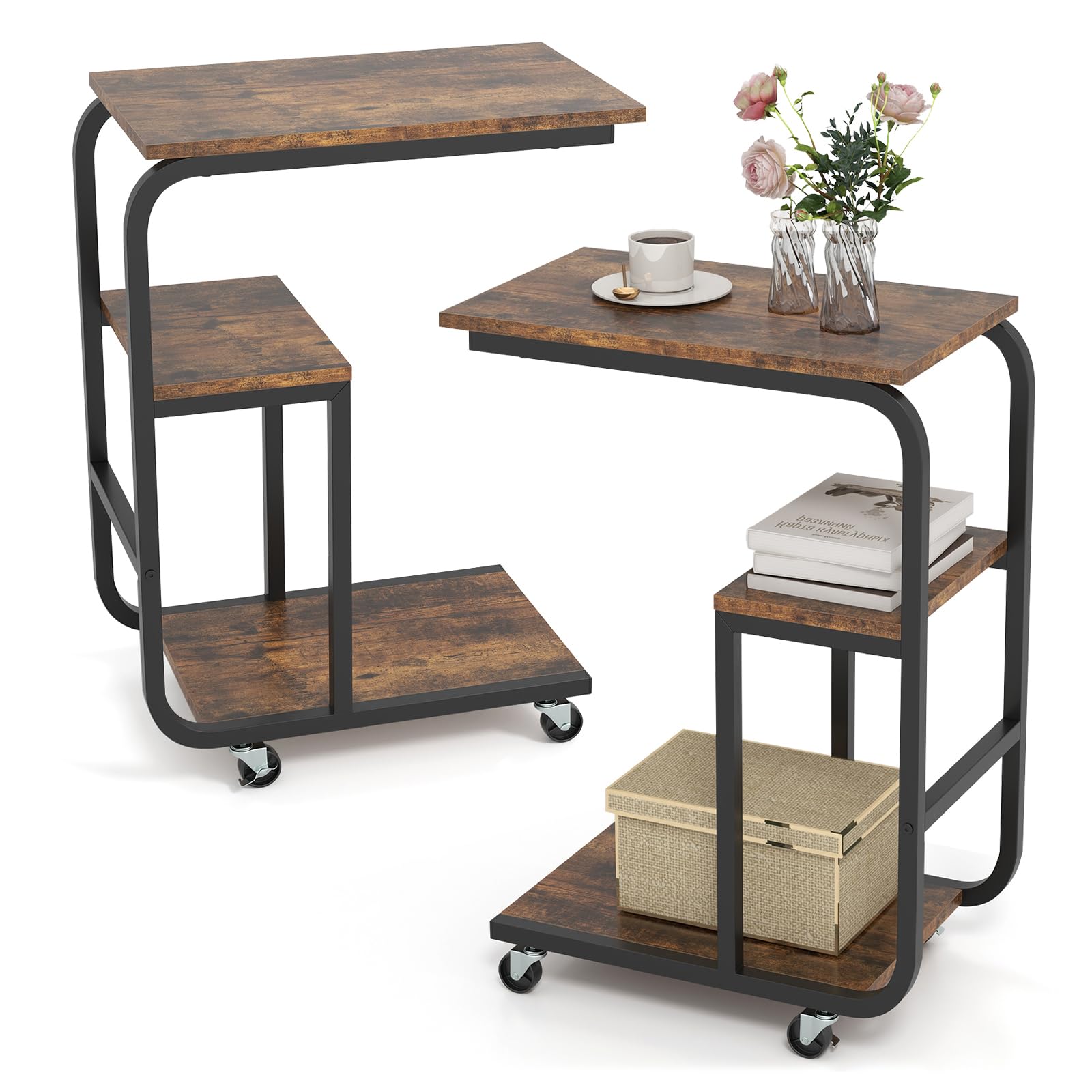 GYMAX Mesa Auxiliar en Forma de C, Mesa Lateral de 3 Niveles con Estantes de Almacenamiento, Estructura de Metal Estable, Ruedas con Cerradura, Mesa de Sofá para Sala de Estar Dormitorio (2)