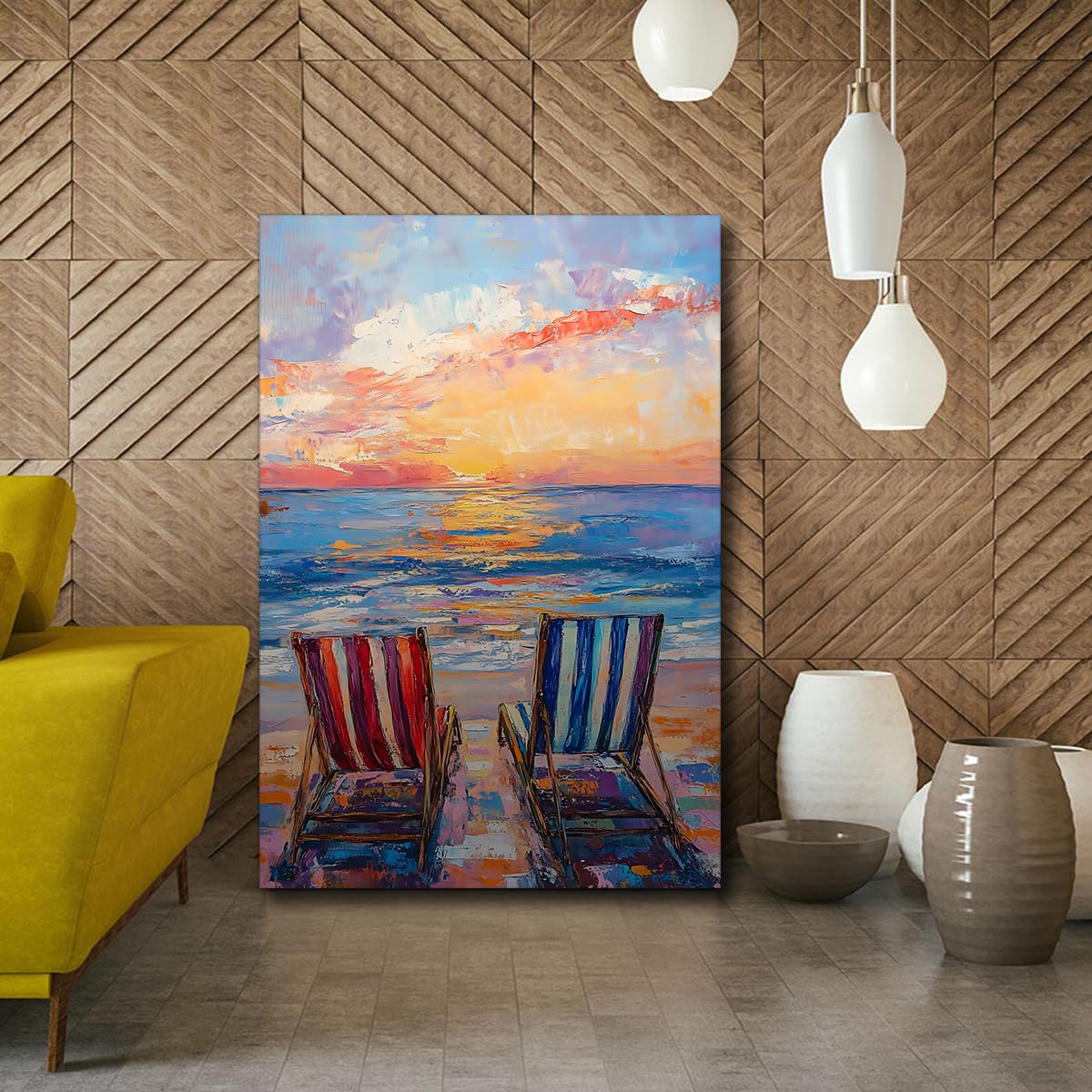 CHERHERART Images murales romantiques de plage Paysages naturels modernes Toile d’art pour salon Salle à manger Impressions tranquilles sur toiles côtières 80x135cm sans cadre