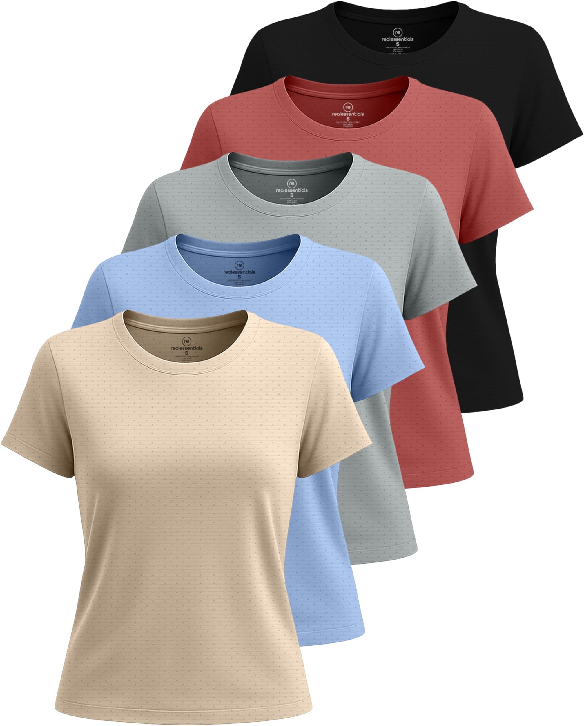 Real Essentials 5 Pack: Women's Breeze Tech Short Sleeve T-Shirts Athletic Tops Gym Workout Yoga Tennis Activewear (Plus)