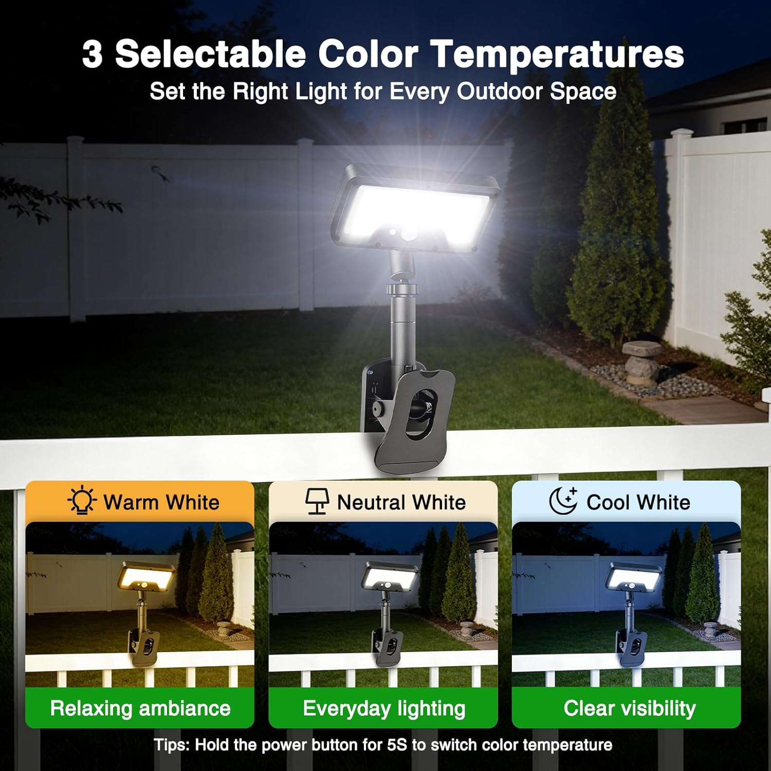 iMaihom Clip On Solar Lights Outdoor with Motion Sensor, 92 LED 600LM Solar Fence Lights, Warm/Neutral/Cool White, 360° Adjustable, IP65 Waterproof Security Light for Deck, Gutter, Porch (2, Black)