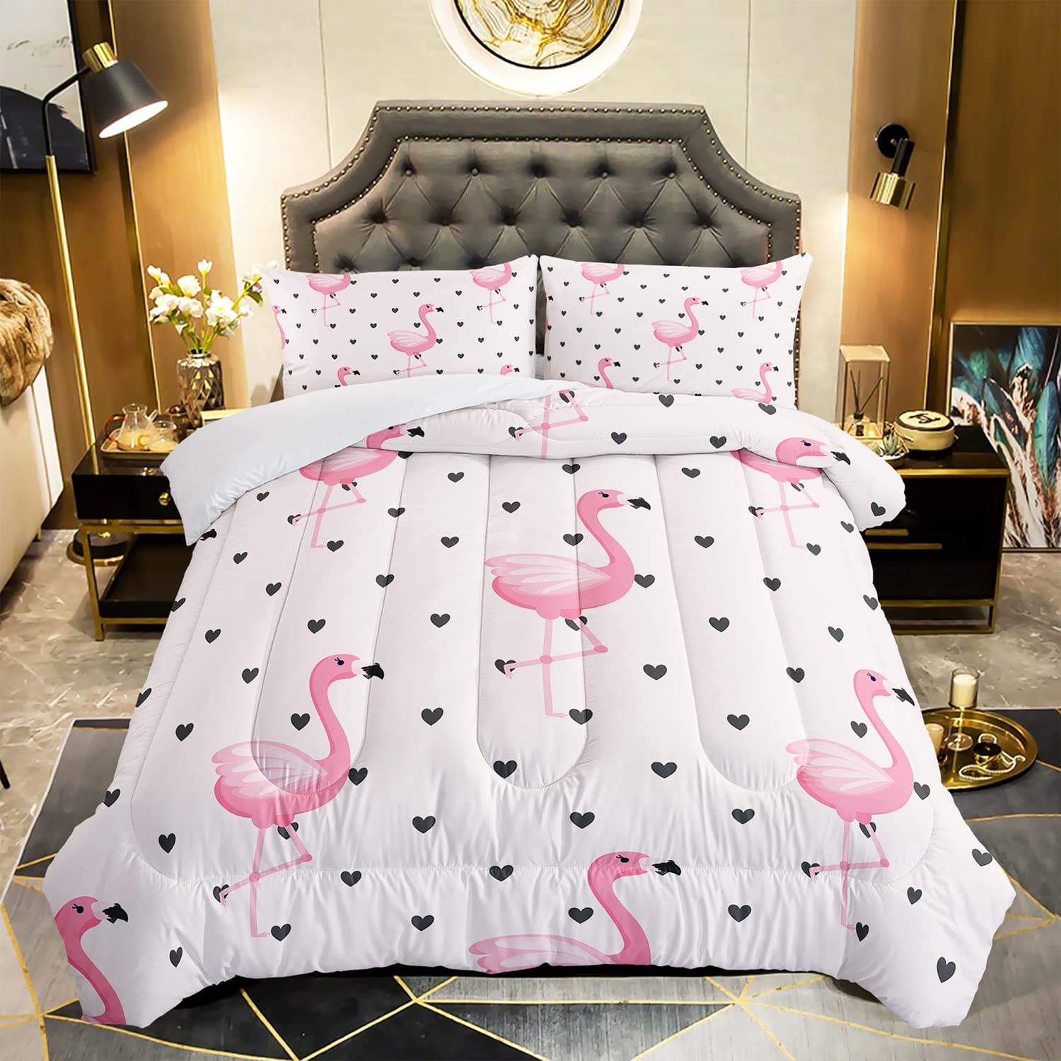 XYNHML Flamingo Comforter Set Twin Size Tropical Pink Flamingo Love Heart Pattern Bedding Set Kawaii Quilted Duvet for Kids Girls Boys Adult with 1