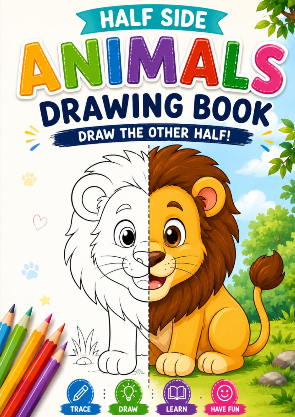 Half Side Animals Drawing Book: Draw the Other Half | Fun & Easy Symmetry Drawing Activity Book for Kids Ages 4–8