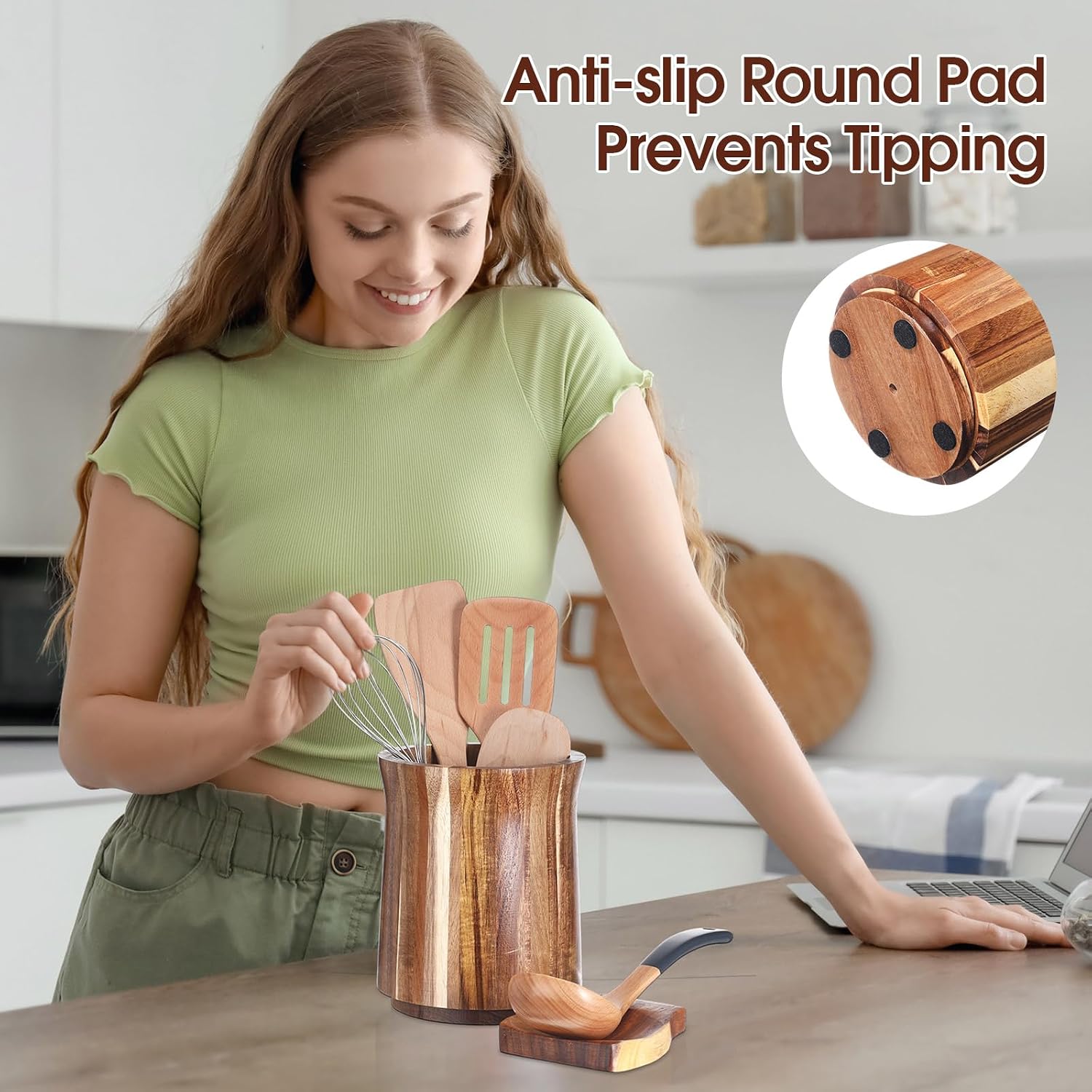 Teenyyou Wooden Utensil Holder 360° Rotating Kitchen Utensil Crock Organizer with Wood Spoon Holder Farmhouse Acacia Round Cooking Decor with Non Slip Feet for Spatulas Spoons Tongs