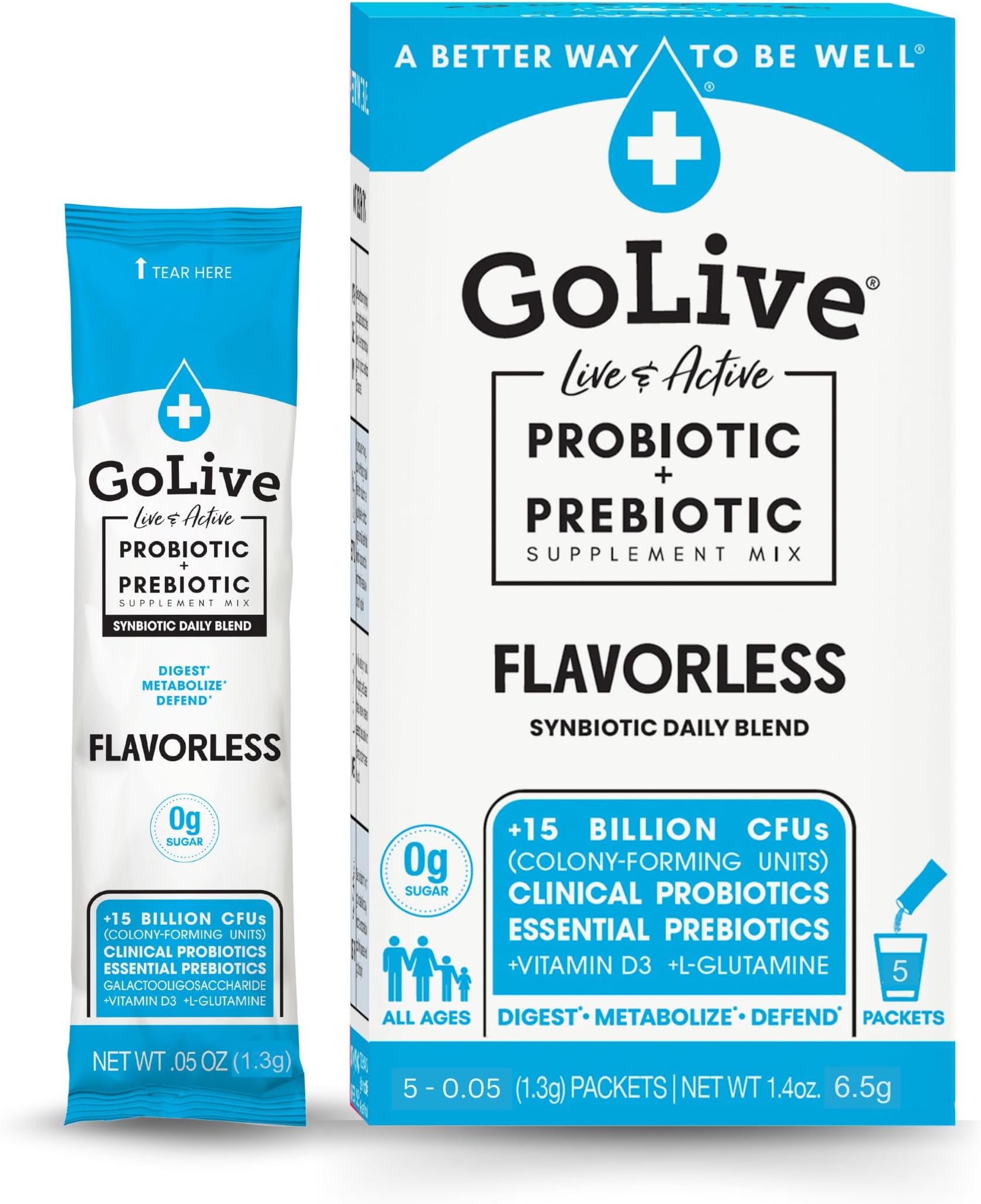 GoLive Probiotics & Prebiotics FLAVORLESS/SUGARLESS Synbiotic Powder, Probiotics + Prebiotics for Women, Men & Kids +15 Billion CFUs, 15 Clinical Strains for Immune & Digestive Health. 5's pack