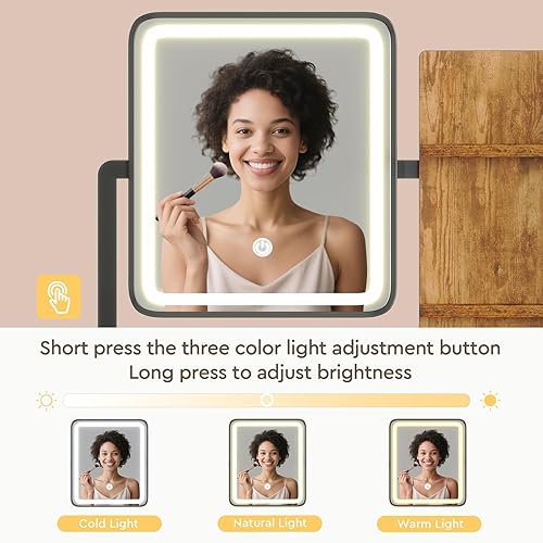 Miniatura 4 de Escritorio de maquillaje con espejo y luces, tocador pequeño con cajón de almacenamiento de tela, silla y estantes, juego de tocador de maquillaje