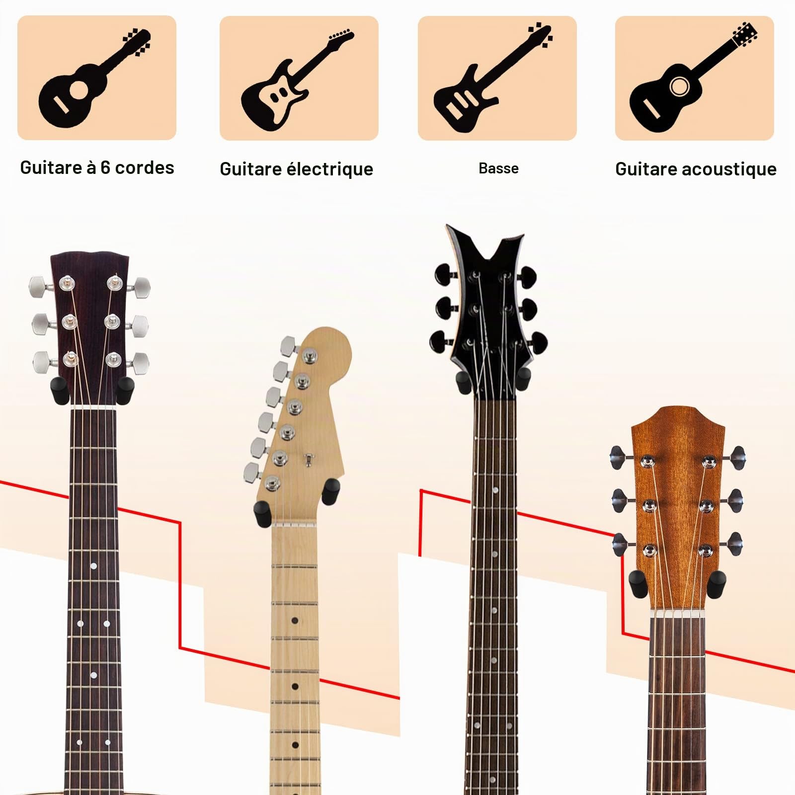 Support Guitare Mural 4 Pack, Support Mural Guitare Avec Crochet Souple Rotatif pour Guitares de Toutes Tailles, Bois dur en U Accroche Guitare Mural pour Acoustique, Guitare Electrique, Basse