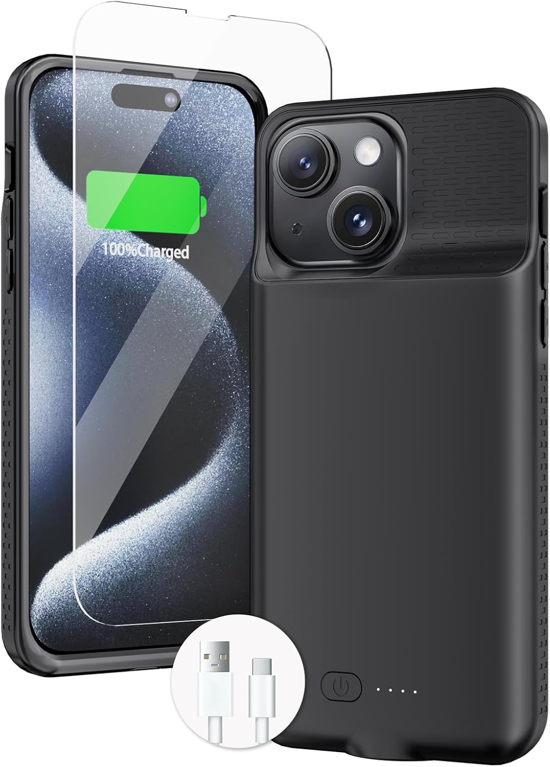 BOPPS Battery Case for iPhone 15/15 Pro【2026 New】 Slim Powerful 7000mAh Portable Charger Case 360°Protection Rechargeable Extended Charging case for iPhone 15/15 Pro，Black