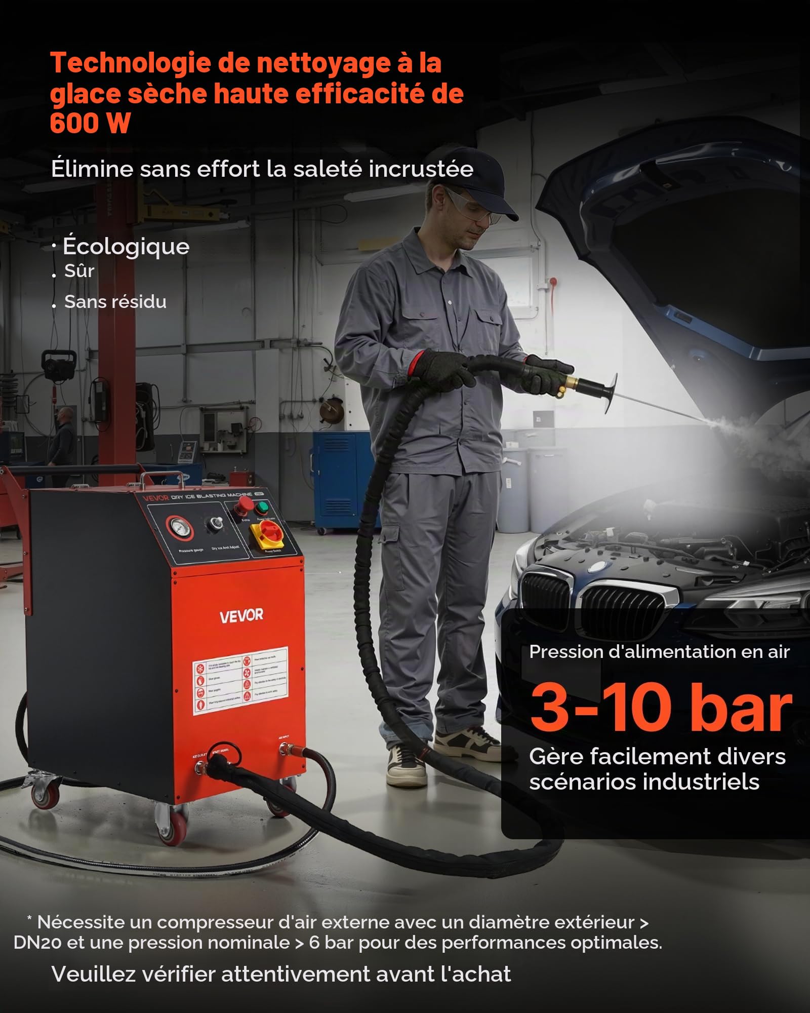 VEVOR Machine de Projection de Glace Sèche, Capacité 7,5 kg, Machine de Nettoyage Cryogénique 4 Buses, Pression Quantité Réglables, Nettoyeur Jet Mobile pour Auto, Navire, Aviation, Produits Chimiques