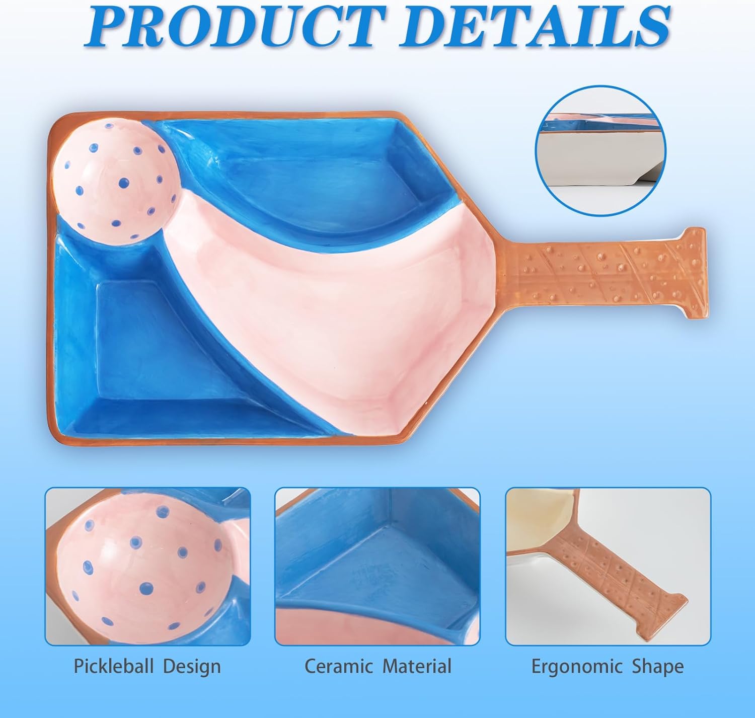 Pickleball Party Platter - Fun Paddle-Shaped Ceramic Tray with Snack Sections - Perfect Serving Dish for Pickleball Lovers display trays (Blue) Coastal Breeze