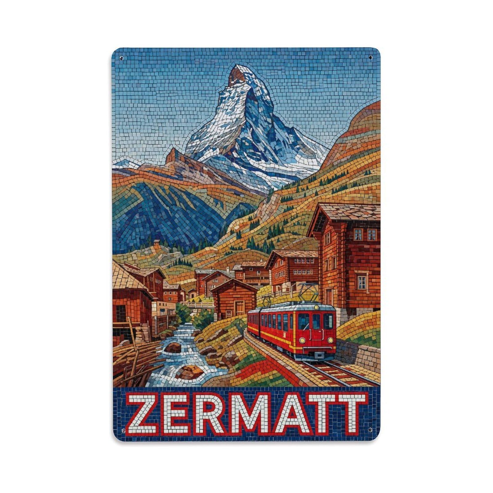 Olhnbad Style Matterhorn Zermatt Switzerland Mosaic Alpine Travel Metal Tin Sign