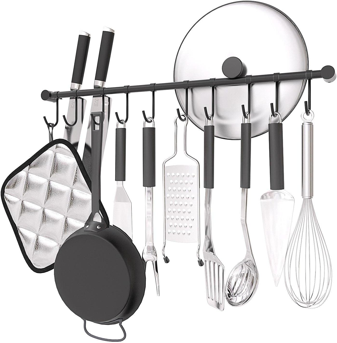 Wall Mounted Utensil Holder, Stainless Steel 20 inch Hook Bar Utensils with 10 Pcs Noiseless Sliding Hooks, Spoon Rack Hanger Bar Tool Organizer for Kitchen. (Black)