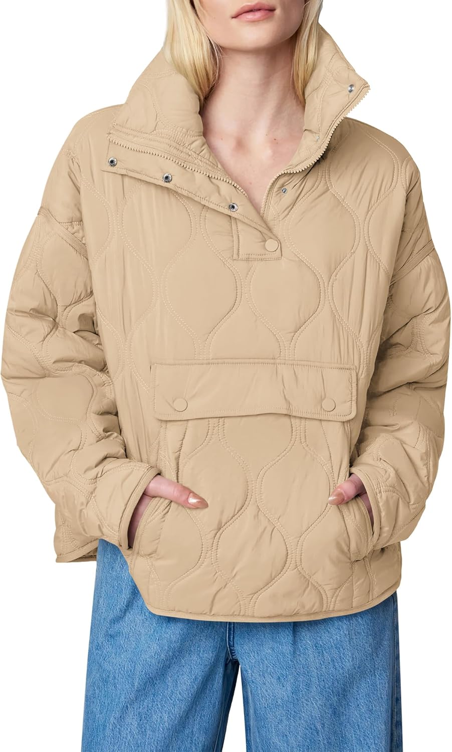 Yousify Womens Puffer Jackets Pullover Quilted Lightweight Jacket Long Sleeve Half Zip Up Coat with Pocket S-2XL