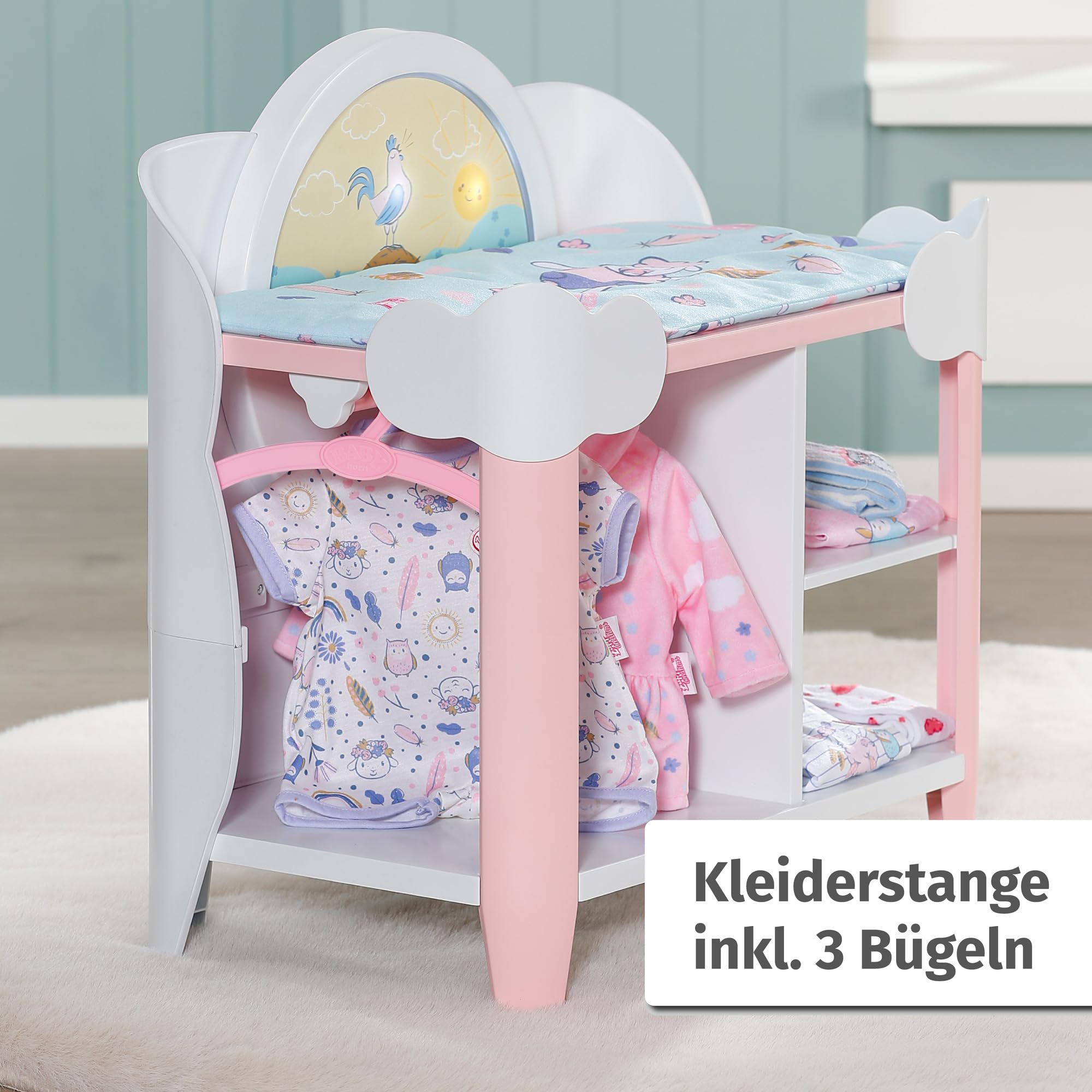 Zapf Creation Baby Annabell, Puppen Wickeltisch, Baby Annabell Day&Night Wickeltisch mit drehbaren Rad in Tag- und Nachtmodus, Licht- und Soundfunktionen, Wickelauflage und 3 Kleiderbügeln, 709672