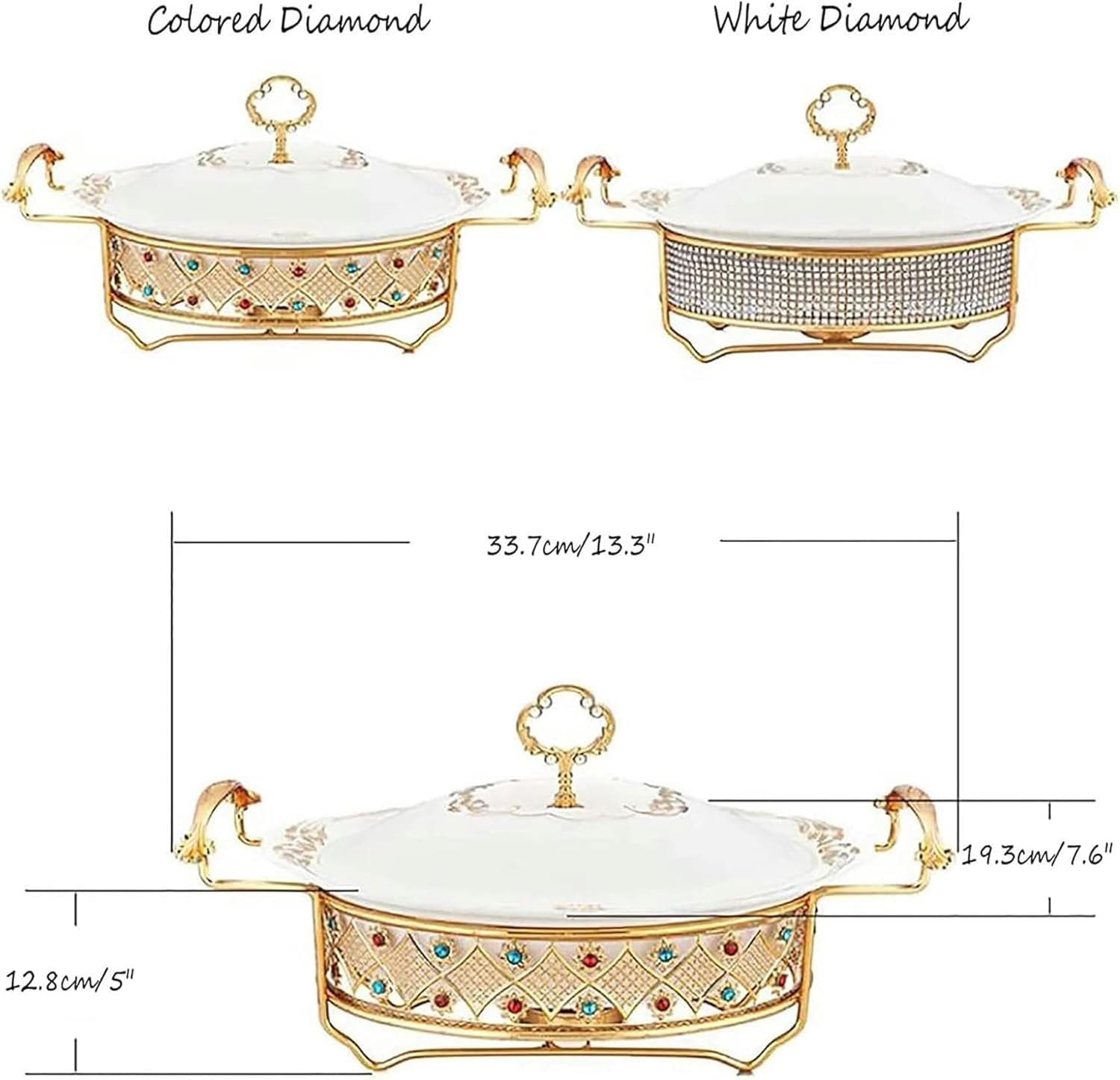 Oval Ceramic Chafing Dish with Luxury Rhinestone Fuel Holder & Lid, Buffet Warmer for Weddings, Parties, and Events, Multi-Colored(1l) ()