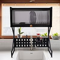 Vista 1 de Escurridor de platos, estante grande sobre el fregadero, estante de acero con cubierta para cocina (negro)