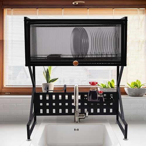 Escurridor de platos, estante grande sobre el fregadero, estante de acero con cubierta para cocina (negro)