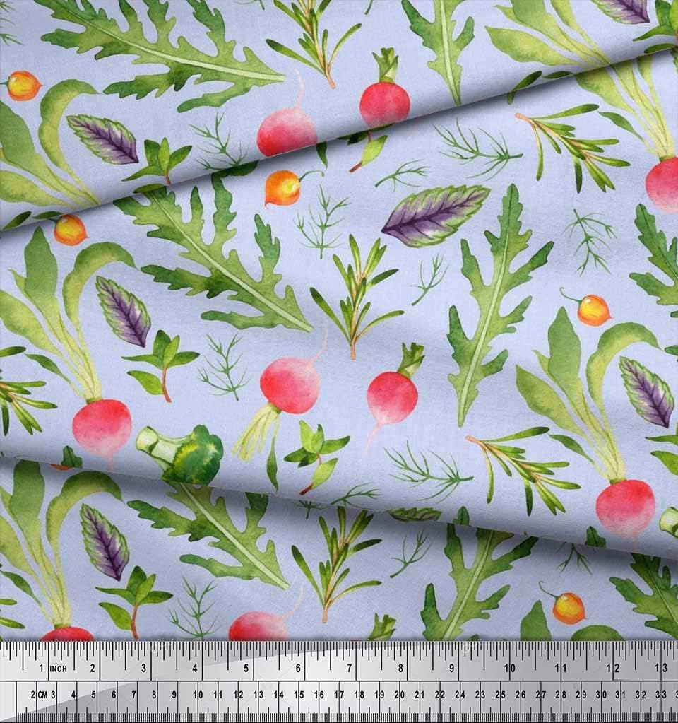 Soimoi Rayon Blue Fabric - by The Yard - 56 Inch Wide - Leaves, Turnip & Broccoli Vegetable Harvest Material - Fresh and Nutrient-Rich Patterns for Kitchen Decor Printed Fabric