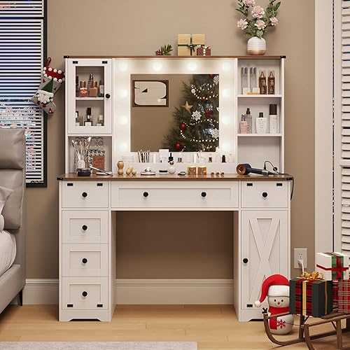 DICTAC Farmhouse Makeup Vanity Desk with Mirror and Lights, Large Vanity Table with Charging Station, 43'' Bedroom Dressing Table with 6 Drawers & 2 Cabinets, 3 Color Lighting Modes, White
