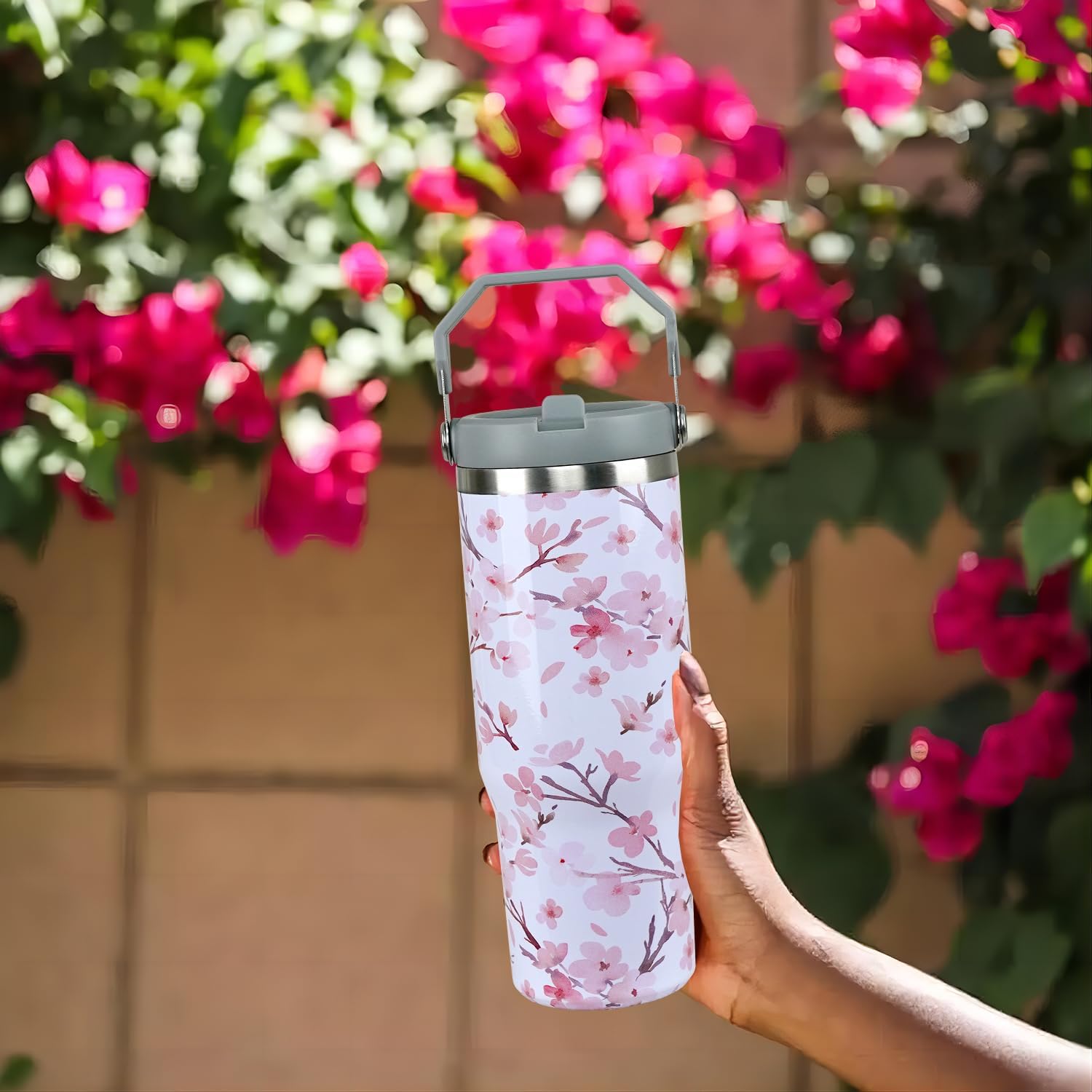 30oz Cherry Blossom Tumbler with Handle Cherry Blossom Cup Insulated Tumblers with Flip Straw and Top Handle Stainless Steel 30oz Coffee Mug - Image 2