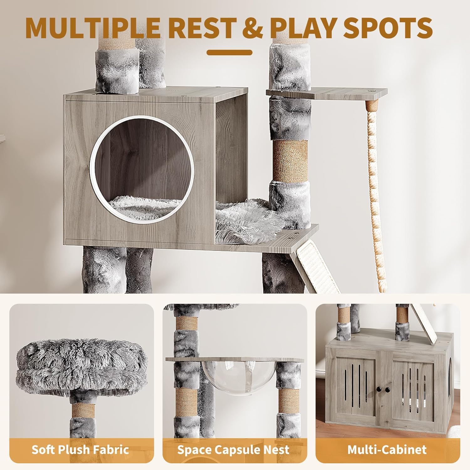 Cat Litter Box Enclosure with Cat Tree Tower and Condo, Hidden Cat Washroom Furniture with Sisal Scratching Post and Soft Plush Perch, Wooden Cat Furniture with Multiple Platforms