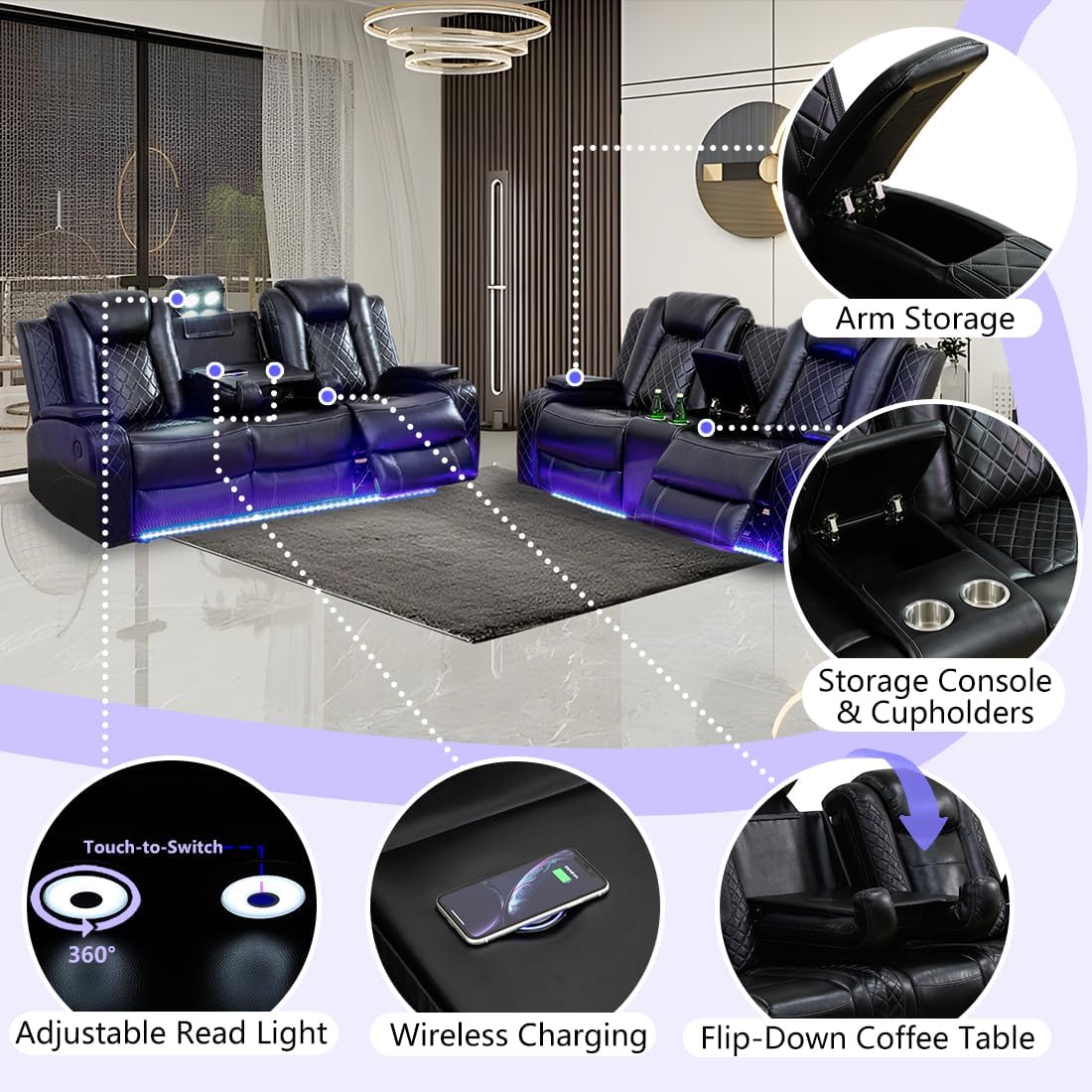 Black Leather Power Recliner Sofa Set, 2 Piece Reclining Sofa and Loveseat Set, Luxury Reclining Loveseat Couch Recliner Sets with Coffee Table, Living Room Furniture for House/Home Theater