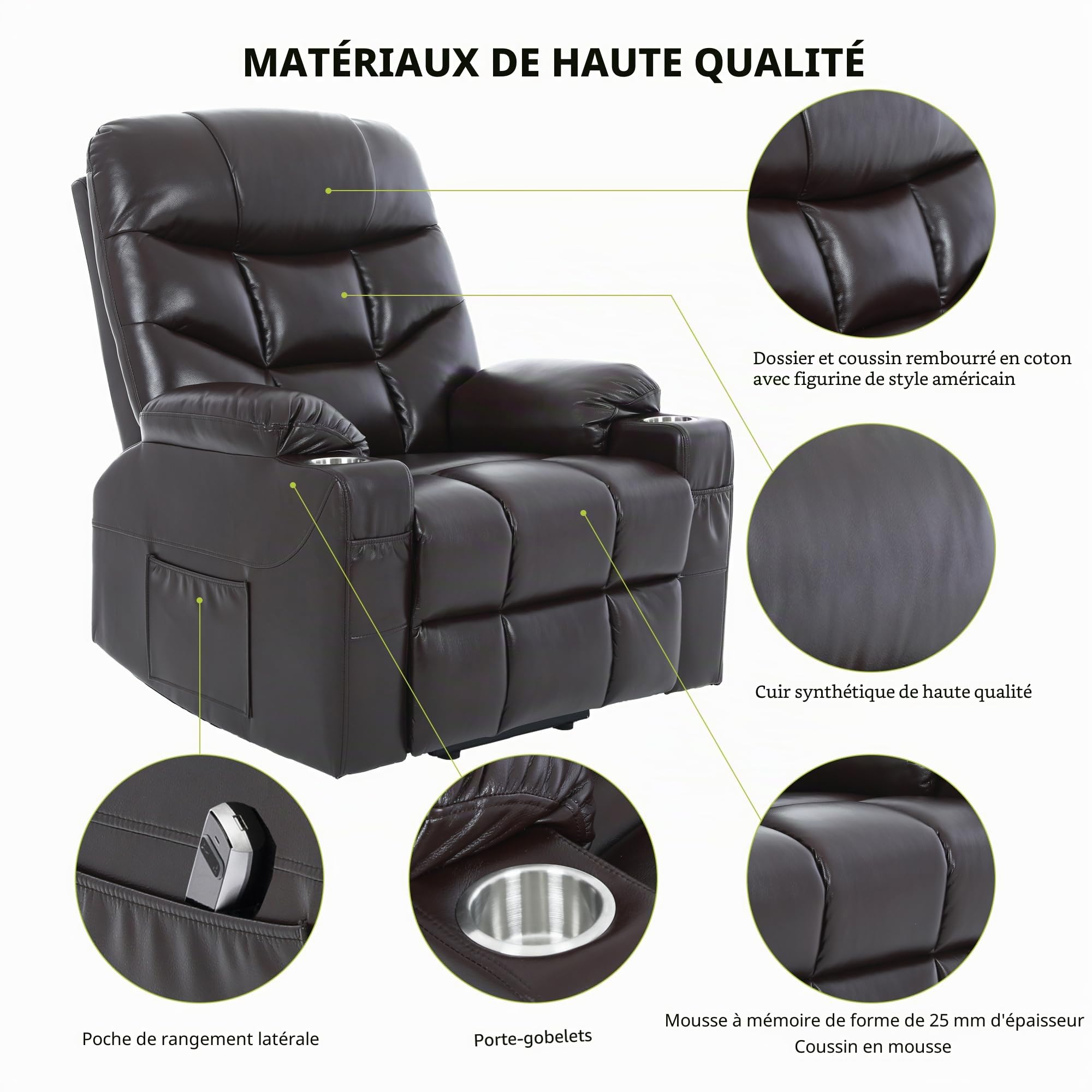S*MAX Fauteuil Relax Electrique X Large PU Cuir Fauteuil électrique releveur pour Personnes âgées Fauteuil Relaxant pour Le Salon Poches latérales Port de Charge USB et télécommande Marron