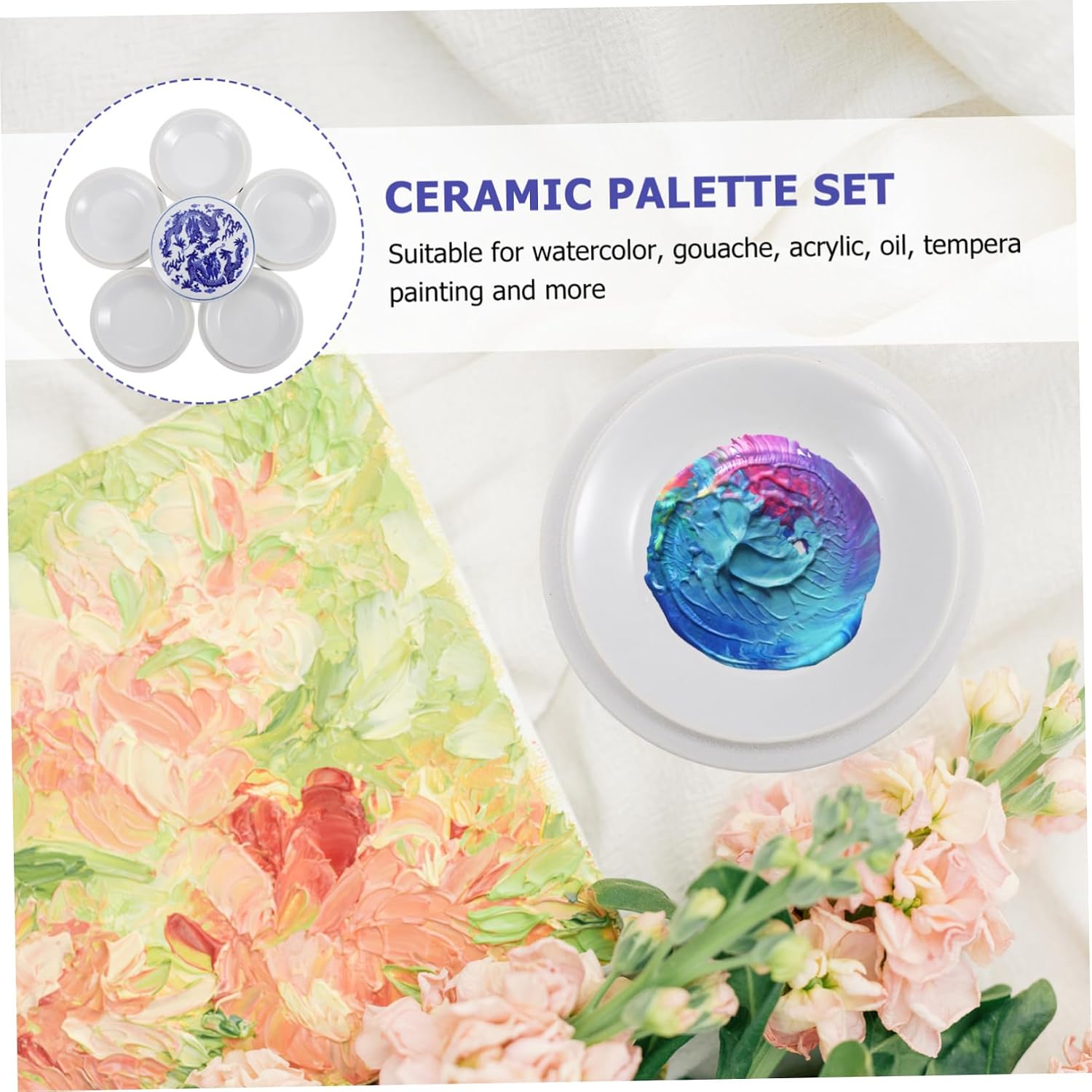 Housoutil Ceramic Palette Set for Chinese Ink Painting Layers Paint Mixing Tray Lid Sturdy Artists