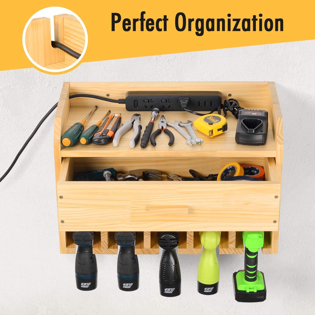 Promo Discount Up To 70% Off Power Tool Organizer and Storage, Drill Charging Station Storage Wall Mount Drill Holder for 5 Drill, Cordless Drill Storage with Drawer for Screwdriver, Wrench (Solid Wood)