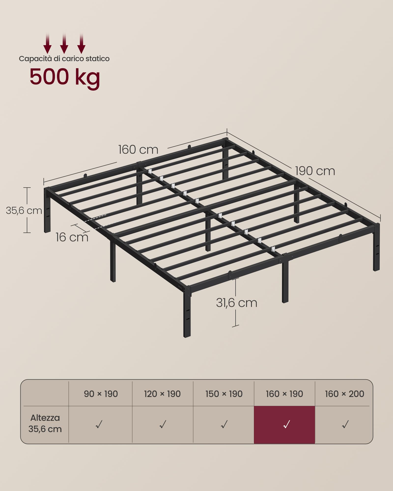 VASAGLE Struttura Letto Matrimoniale, per Materasso 160 x 190 cm, Telaio del Letto in Metallo, Spazio di Organizzazione, Moderno, per Ospiti, Montaggio Semplice, Nero Inchiostro RMB139BD01