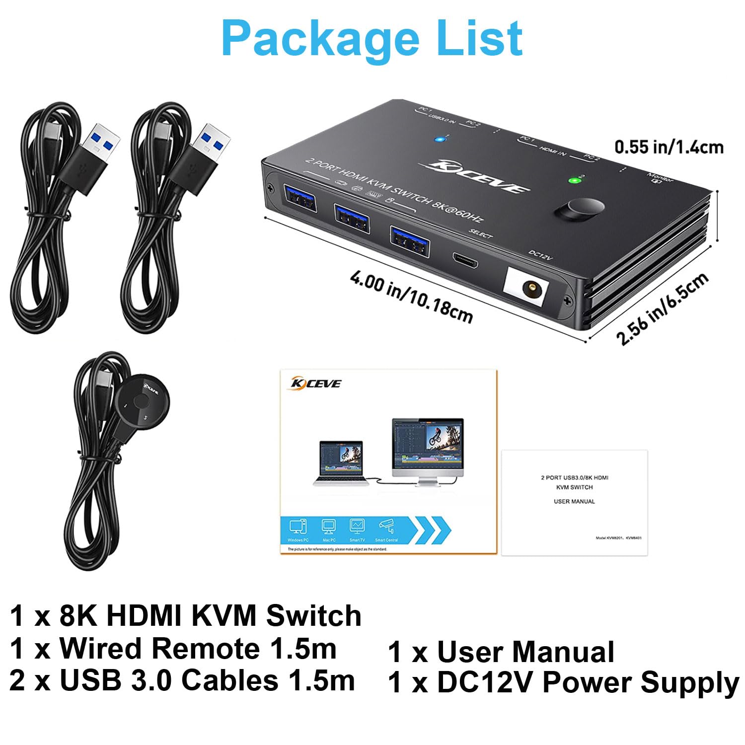 KVM Switch HDMI 8K@60Hz 4K@120Hz, KVM Switch 2 PC 1 Monitor HDMI2.1 Compartir 3 USB3.0 Devices Ratón y Teclado, HDR 10, HDCP 2.3, Wired Remote(8K HD 2 in 1 out KVM)