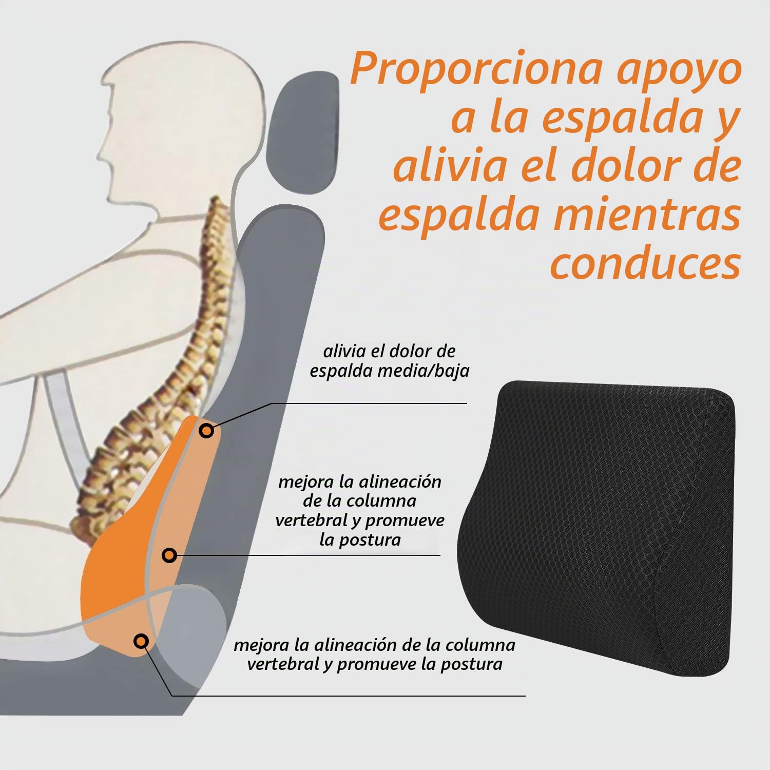 Livtribe Almohada de apoyo lumbar para coche, espuma viscoelástica, cojín de apoyo de espalda media/inferior para asiento de coche (negro)