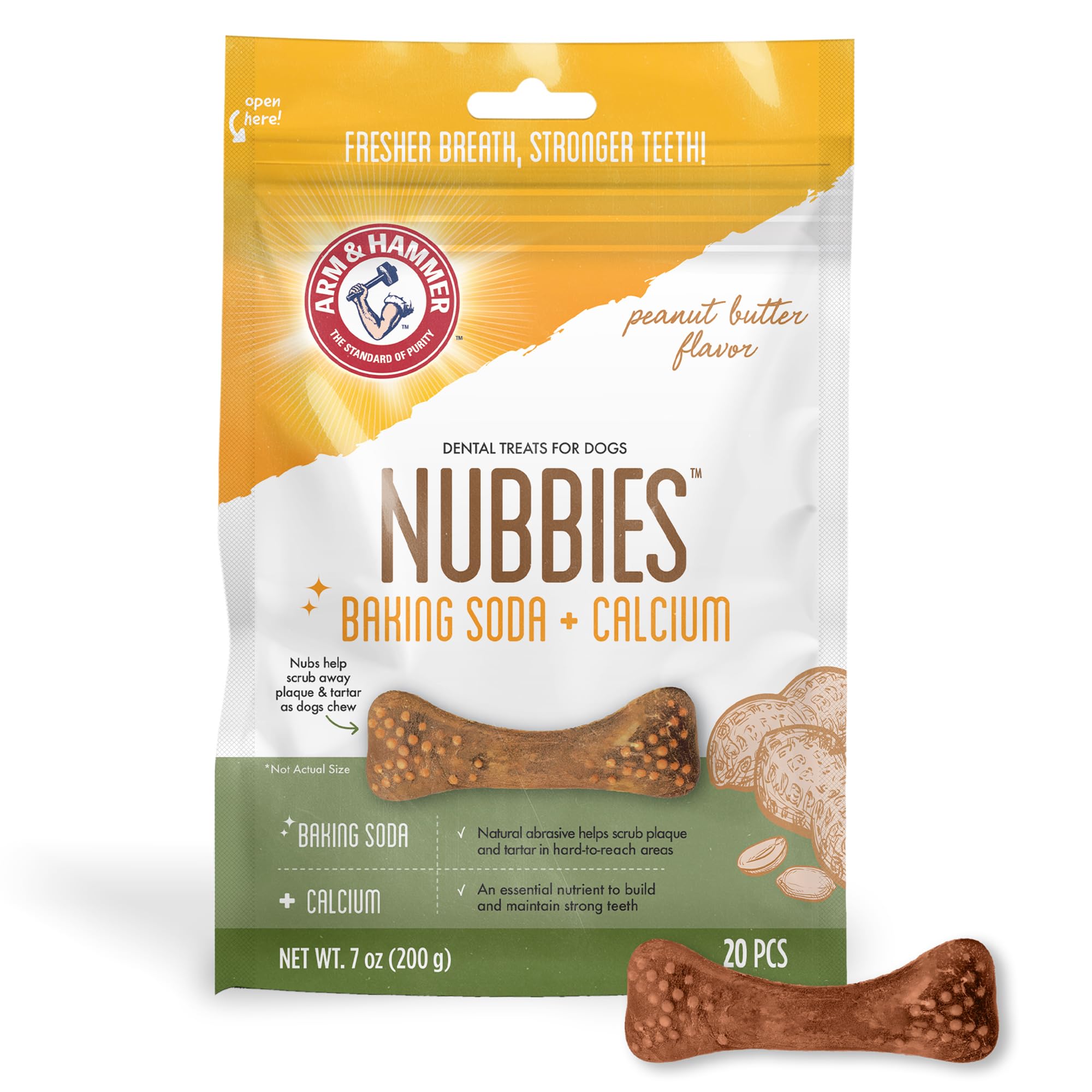 Arm & Hammer for Pets Nubbies Dental Treats for Dogs with Baking Soda and Calcium, Treat Chews Help Fight Bad Breath, Plaque & Tartar without Brushing, Peanut Butter, 20 Pcs (Packaging may vary)