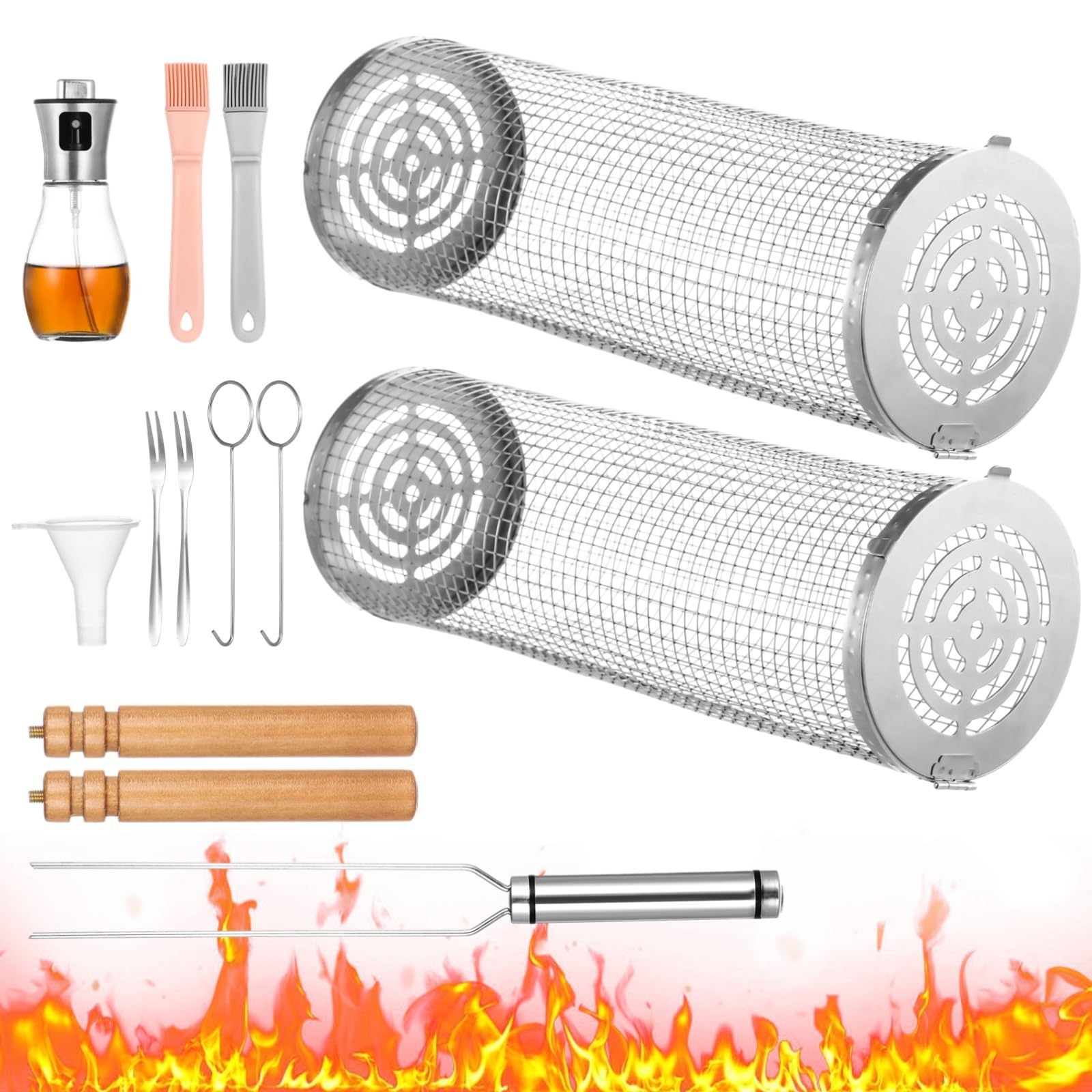 2-Pack Stainless Steel BBQ Grilling Baskets, Mesh Basket Grill Accessories for Outdoor Use
