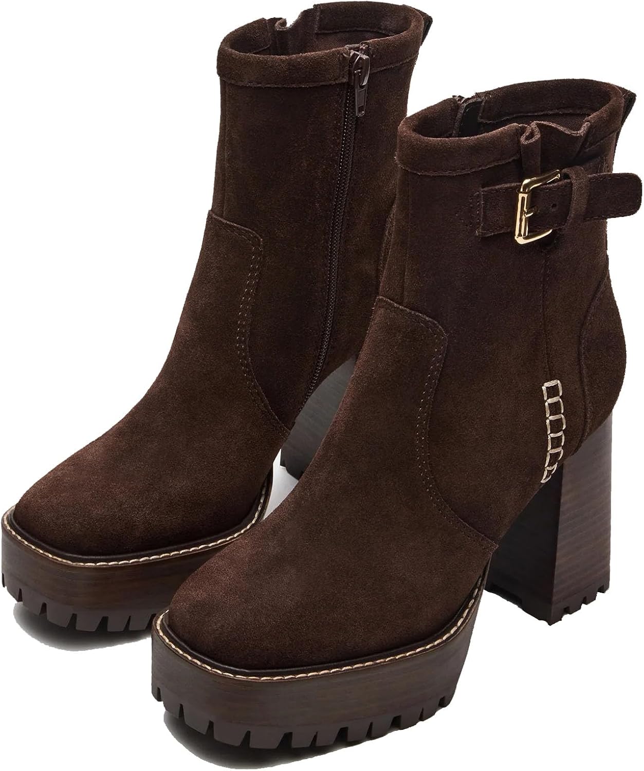 OMLISHZTY Suede Ankle Boots Women Block Heel Square Toe Platform Booties Textile Lining Side Zip Platform Ankle Boots