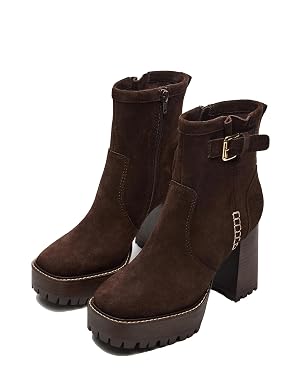 OMLISHZTY Suede Ankle Boots Women Block Heel Square Toe Platform Booties Textile Lining Side Zip Platform Ankle Boots