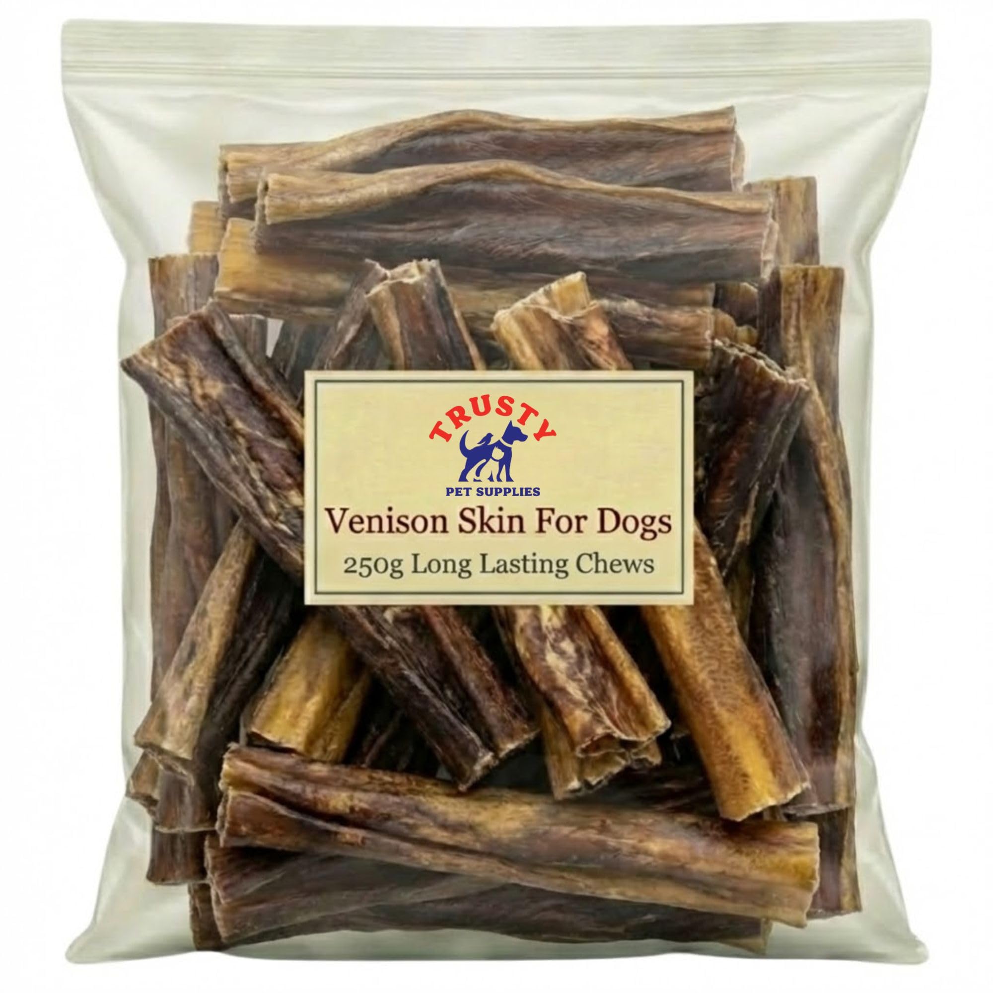 Venison Skin Natural Chews - 250g | Venison Chews for Dogs | 100% Natural Dog Treat | Long Lasting Dog Chew, Grain Free Dog Treats | Training Treats for Dogs | Trusty Pet Supplies
