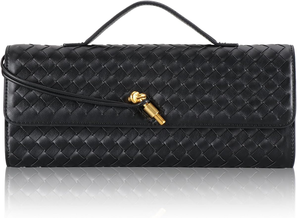 Pu Leather Woven Purse For Women,Evening Clutch Purses for Women,Woven Bag with Metal Turn Lock for Party,Wedding