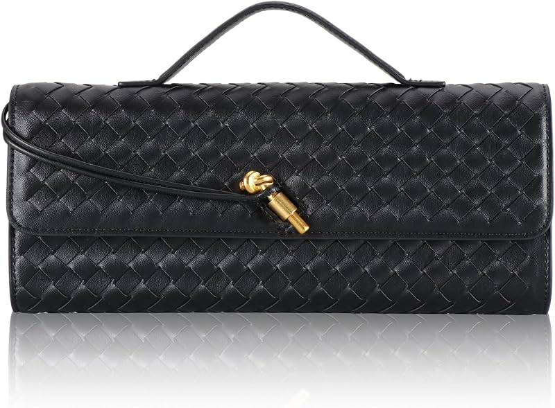 Pu Leather Woven Purse For Women,Evening Clutch Purses for Women,Woven Bag with Metal Turn Lock for Party,Wedding