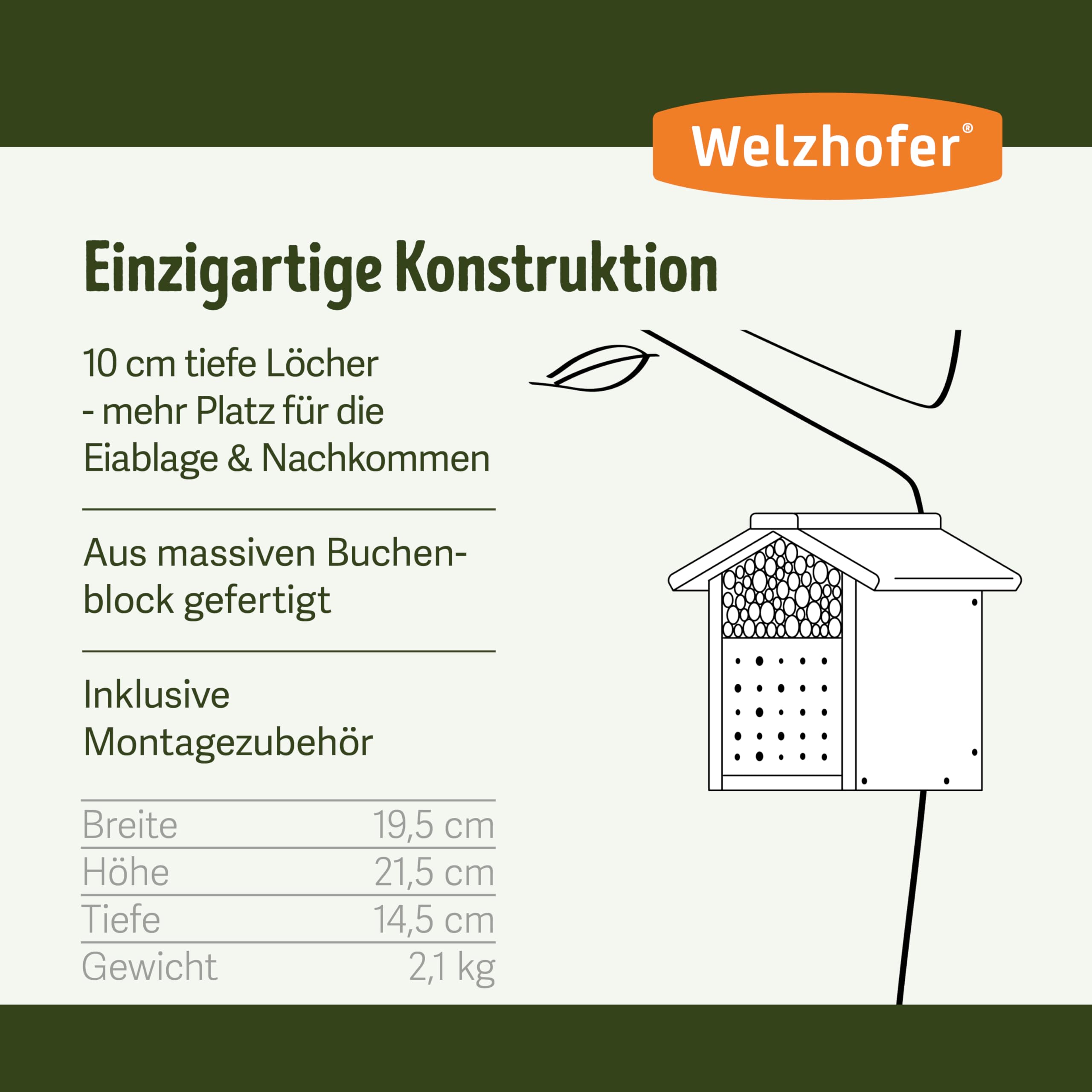 Wildbienenkasten Janine, Bienenhotel mit Brutröhen mit 10cm Tiefe - mehr Platz für die Eiablage, Insektenhotel aus massivem Buchenblock gefertigt, Wildbienenhaus handgemacht in Europa