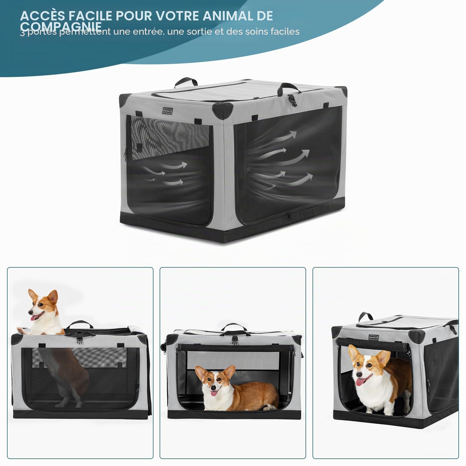 Petsfit Cage pour Chien Pliable, Transport en Tissu avec Cadre en Aluminium Intégré, Caisse Réglable par Tuyau en Spirale, Gris, XL