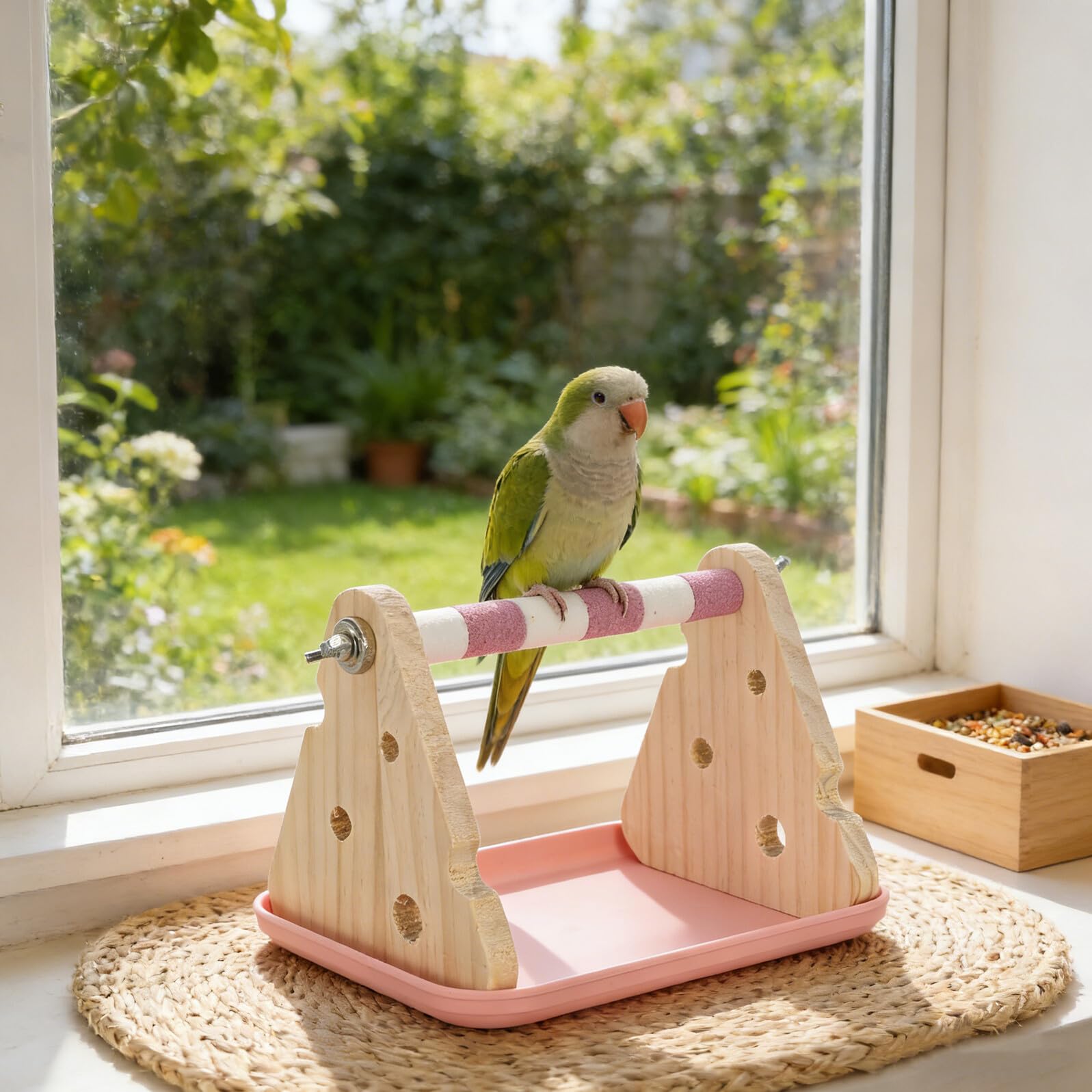 Percha para Loros con Bandeja Desmontable, Plataforma de Madera y Plástico, Soporte Portátil para Jaula, Uso en Casa y Alimentación
