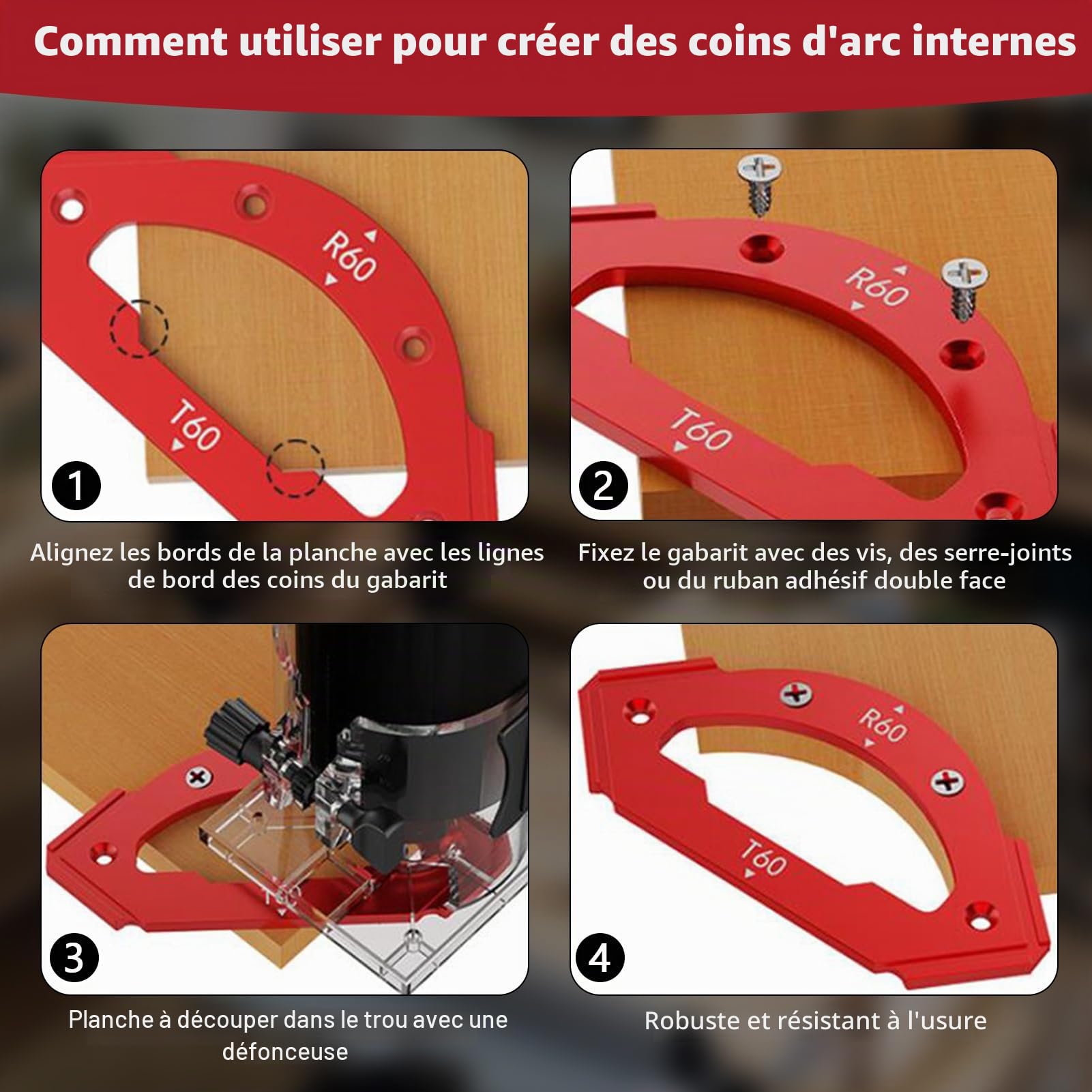 Lot de 7 Gabarit Defonceuse a Bois D'angle avec Clip Amovible en Alliage D'aluminium pour Le Travail Du Bois Outil Auxiliaire de Coupe à L'arc R10 R15 R20 R25 R30 R35 R40 R50 R60